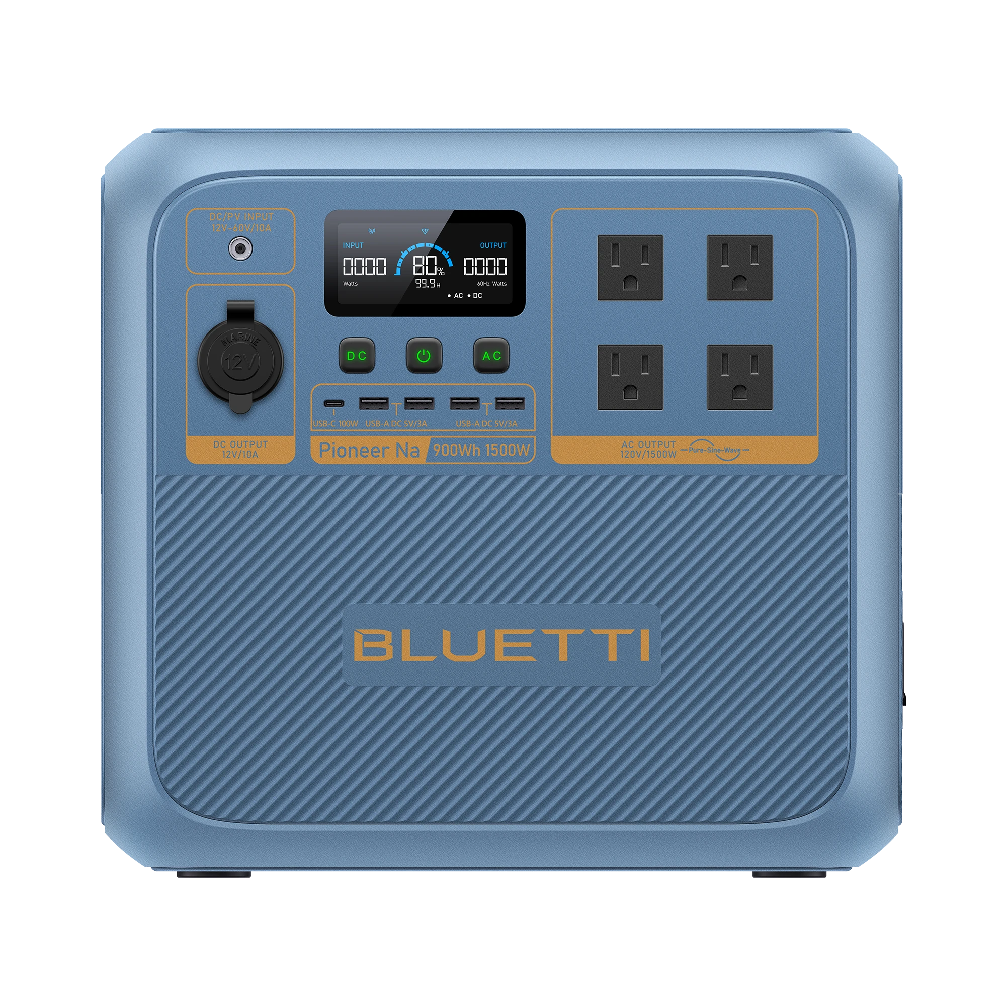 BLUETTI Pioneer Na PIONEERNA portable power station, official front-view product rendering, not test photography