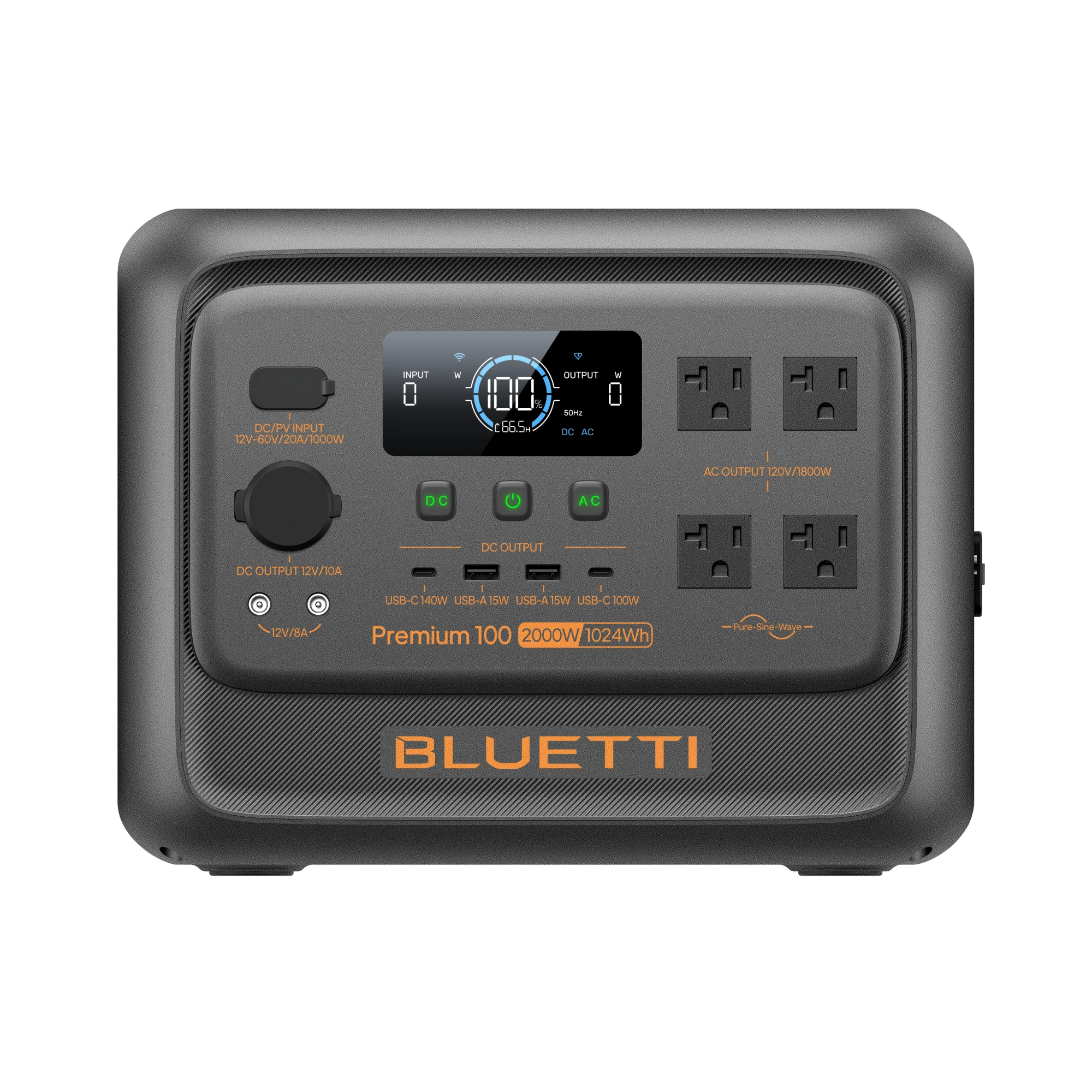 BLUETTI Premium 100 V2 front-panel manufacturer rendering labeled 1,024 Wh and 1,800 W at 120 V; four receptacle faces are visible