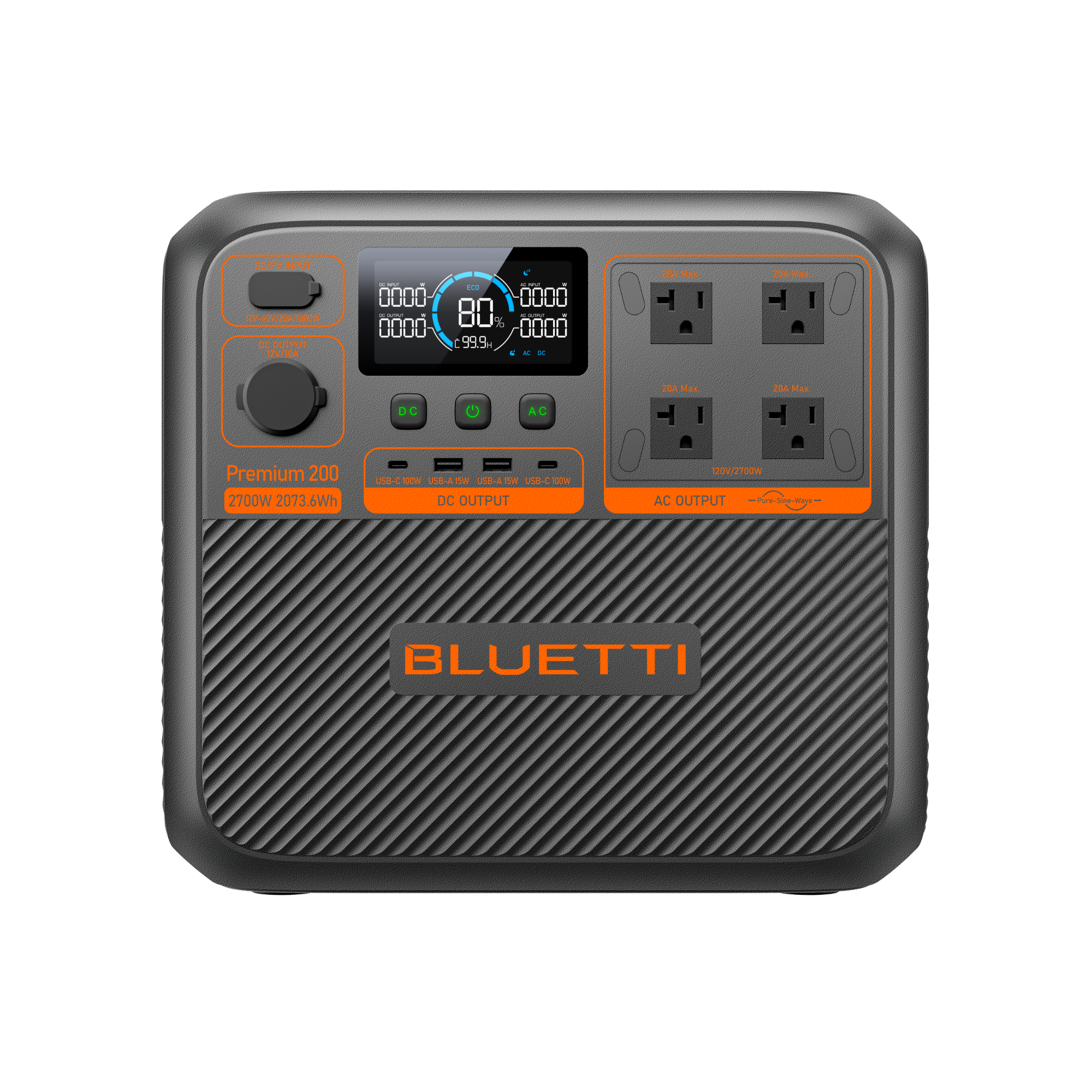 BLUETTI Premium 200 V2 with four 120 V AC outlets, two 100 W USB-C ports, two 15 W USB-A ports and a 12 V outlet