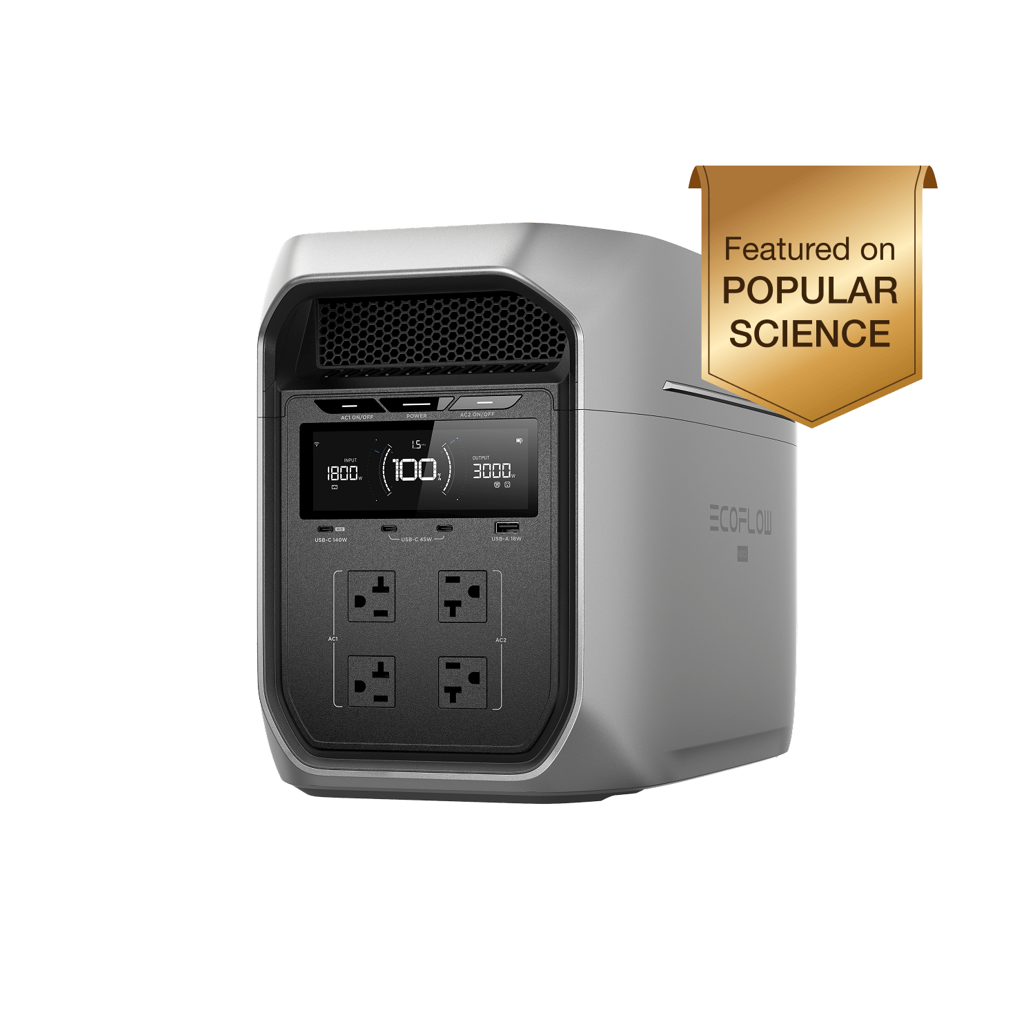 EcoFlow DELTA 3 Max Plus portable power station, front and side manufacturer rendering with promotional badge