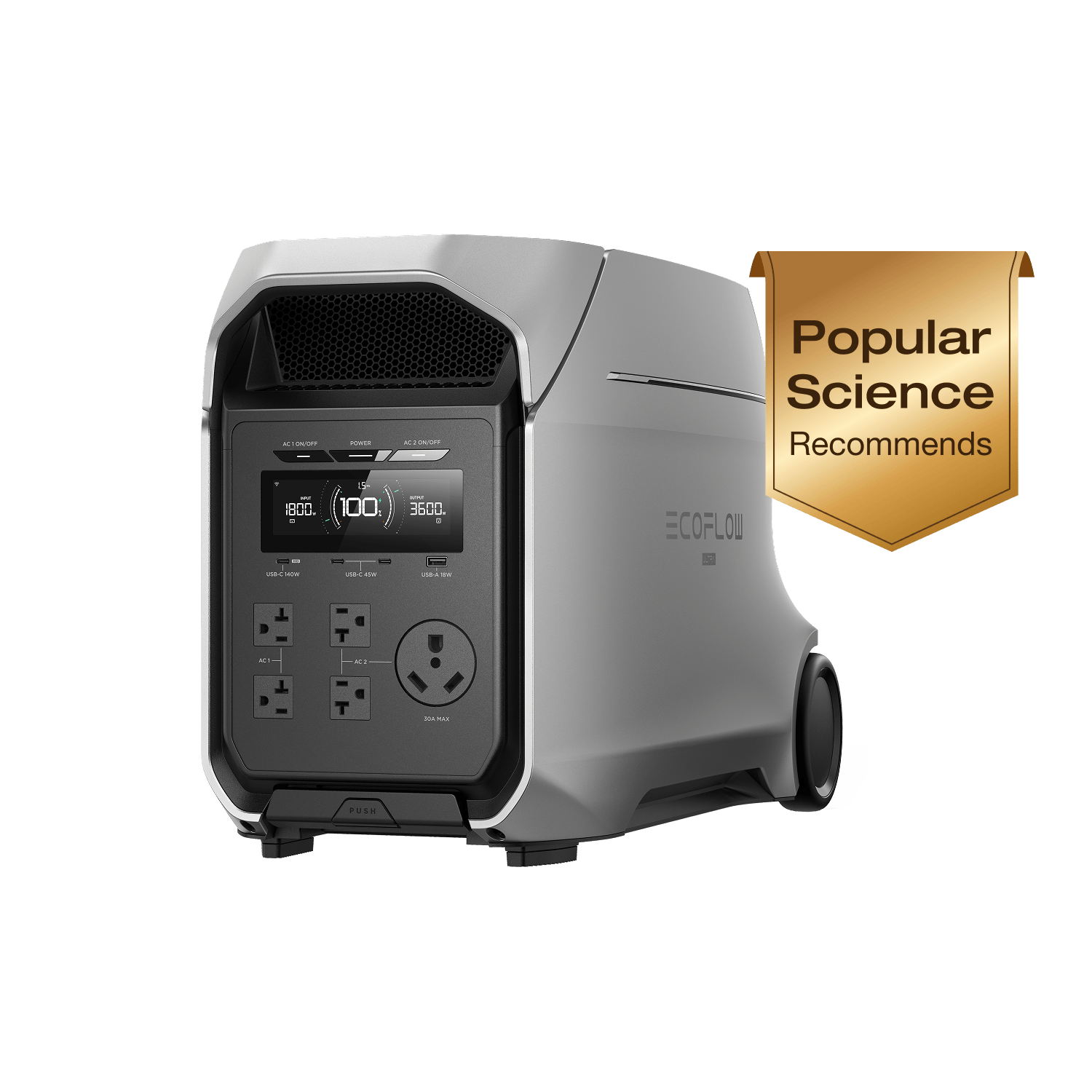 EcoFlow DELTA 3 Ultra Plus portable power station with 140 W and 45 W USB-C port labels