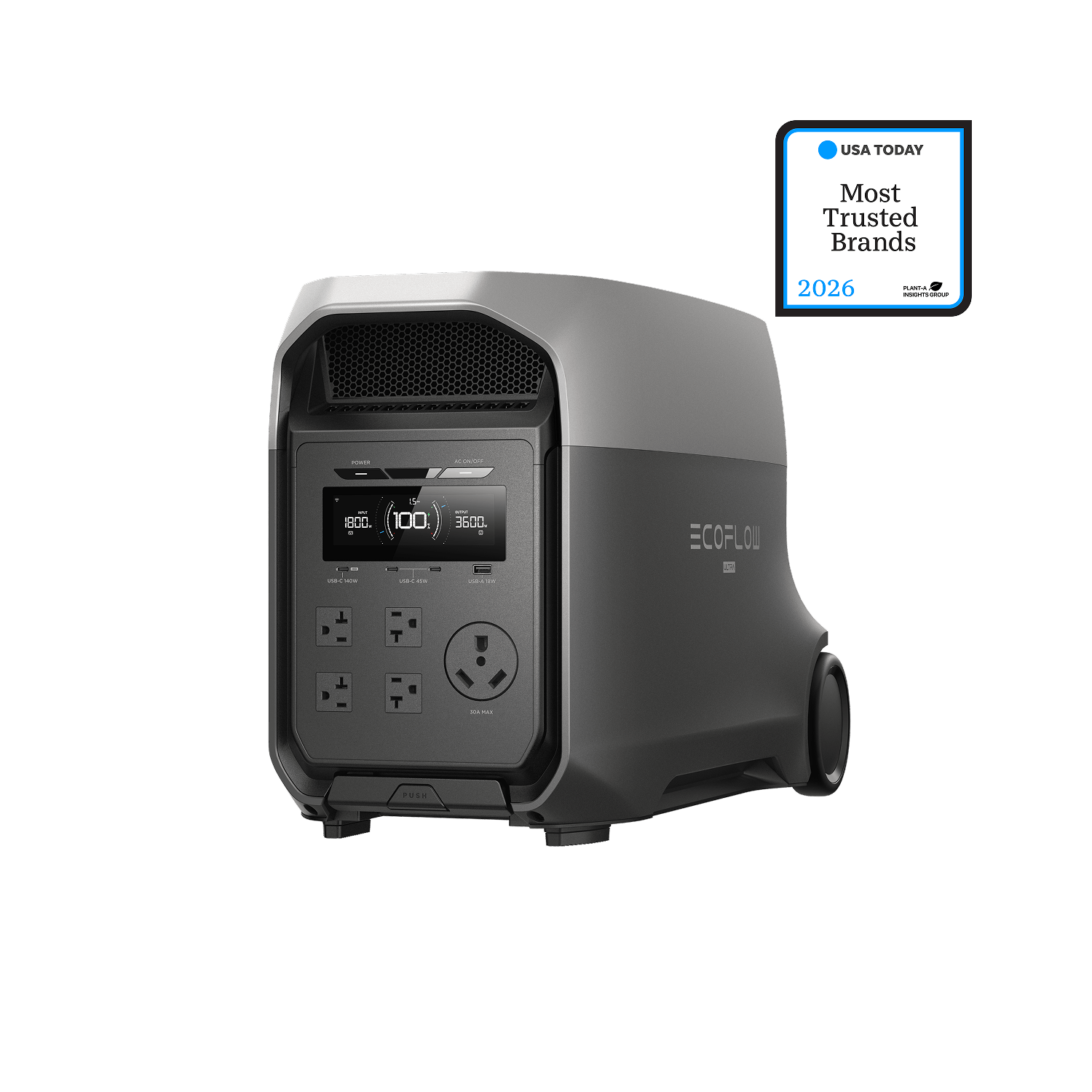 EcoFlow DELTA 3 Ultra portable power station with four 120 V outlets, round 30 A outlet and USB outputs