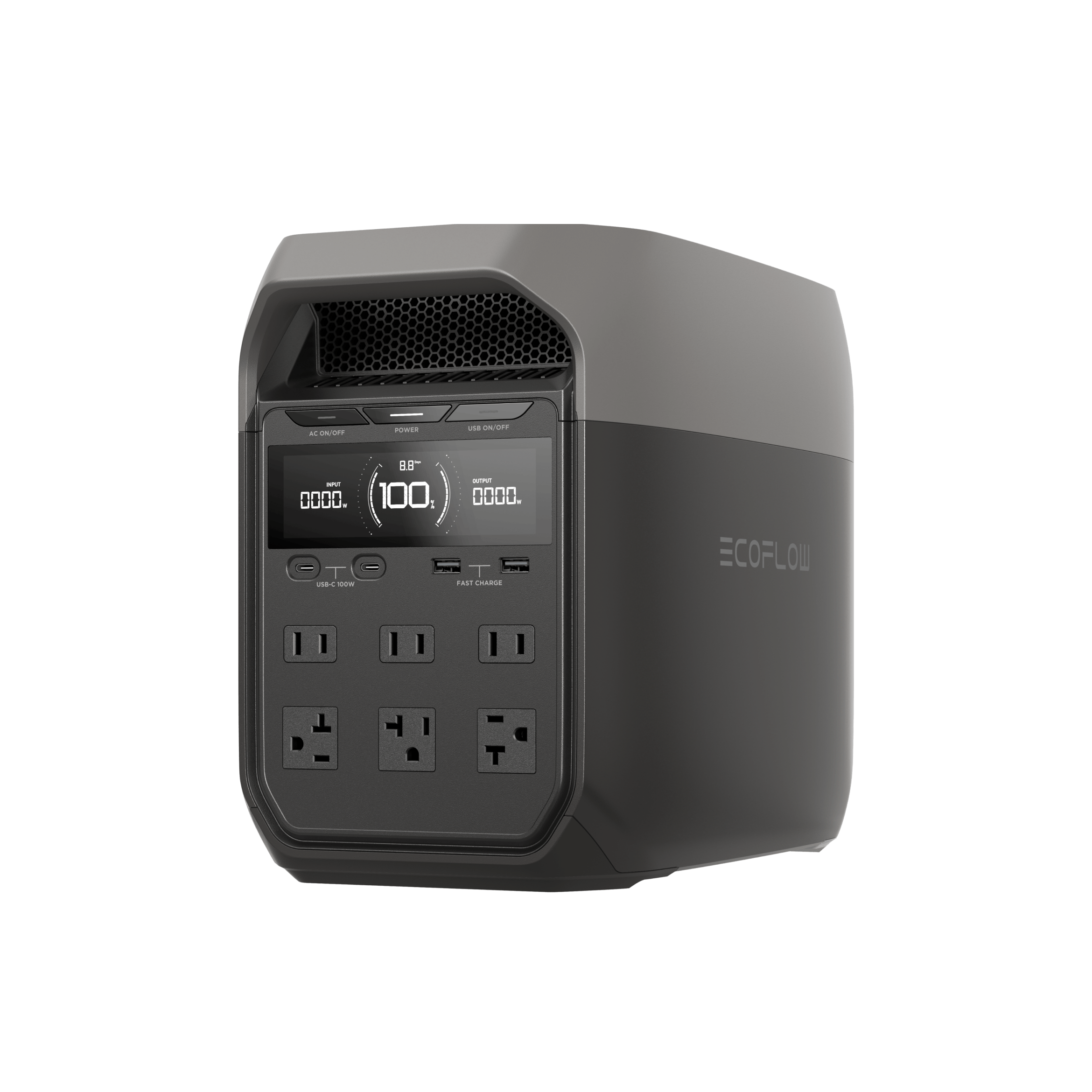 EcoFlow DELTA 3 portable power station, front and side manufacturer rendering