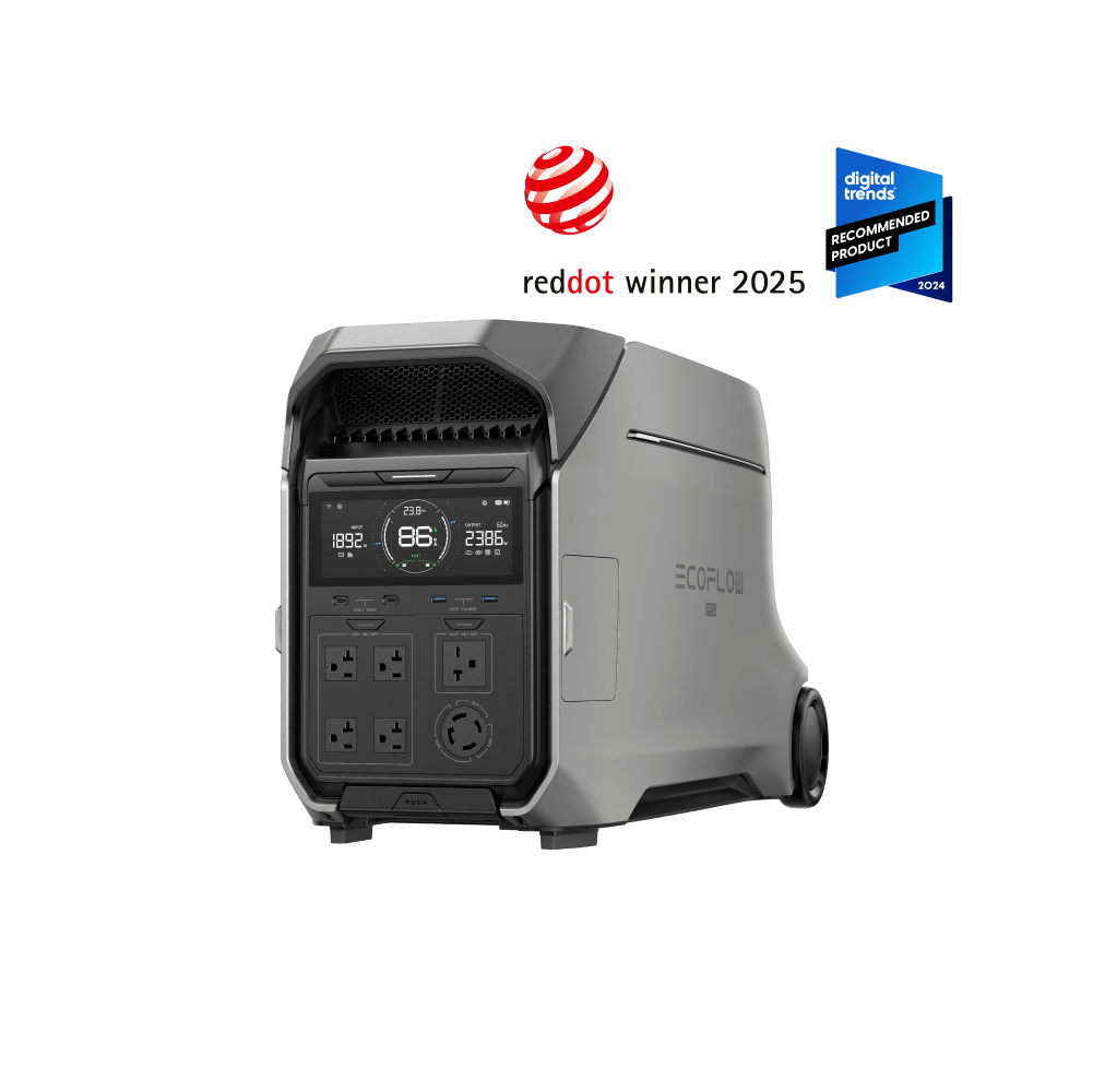EcoFlow DELTA Pro 3 wheeled portable power station, front and side manufacturer rendering