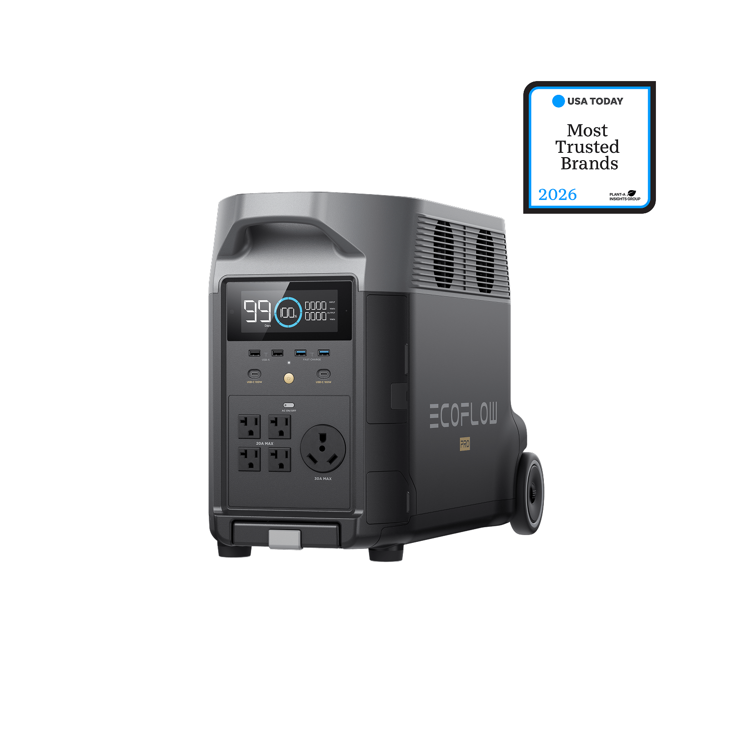 EcoFlow DELTA Pro wheeled portable power station, front and side manufacturer rendering