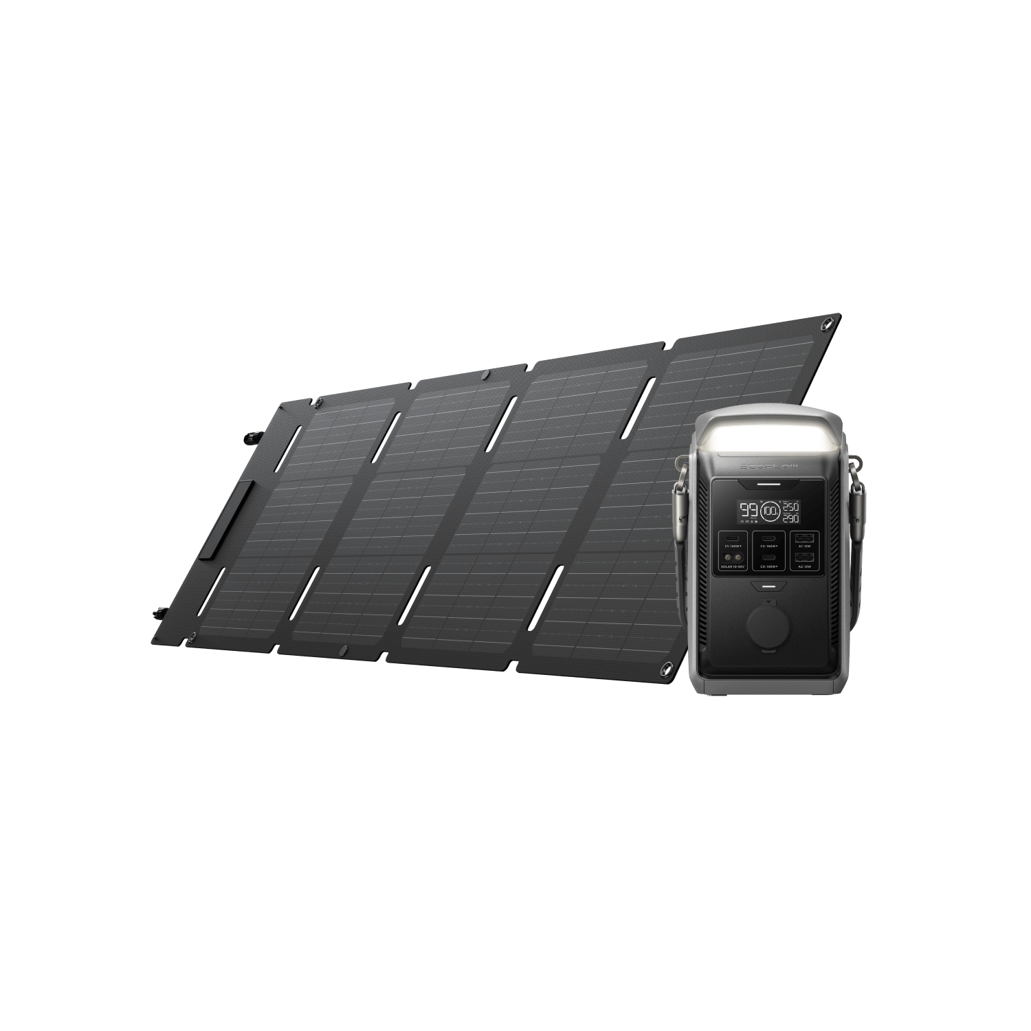 EcoFlow TRAIL Plus 300 DC with a folding solar panel, manufacturer render for the exact 45 W option