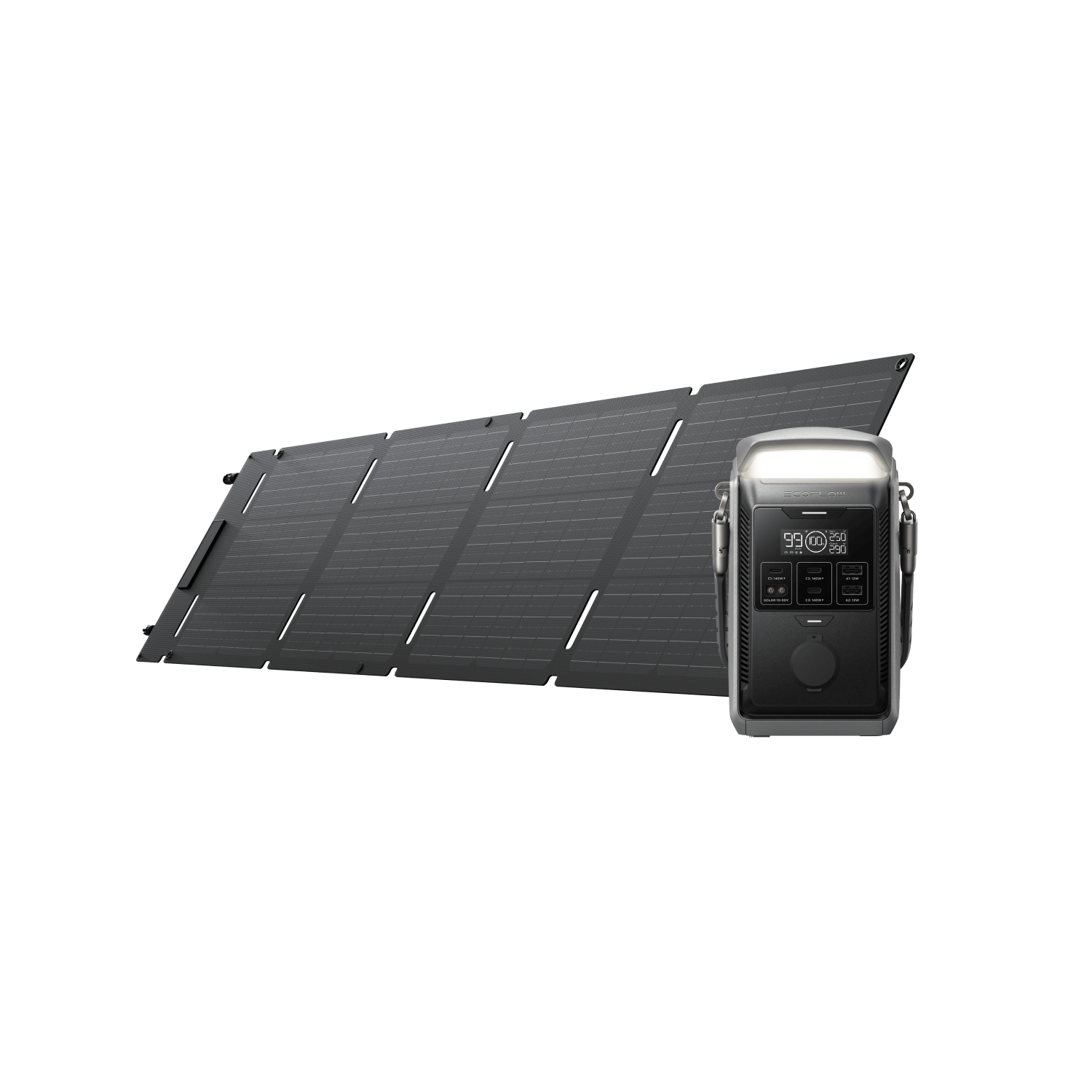 EcoFlow TRAIL Plus 300 DC with a folding solar panel, manufacturer render for the exact 60 W option
