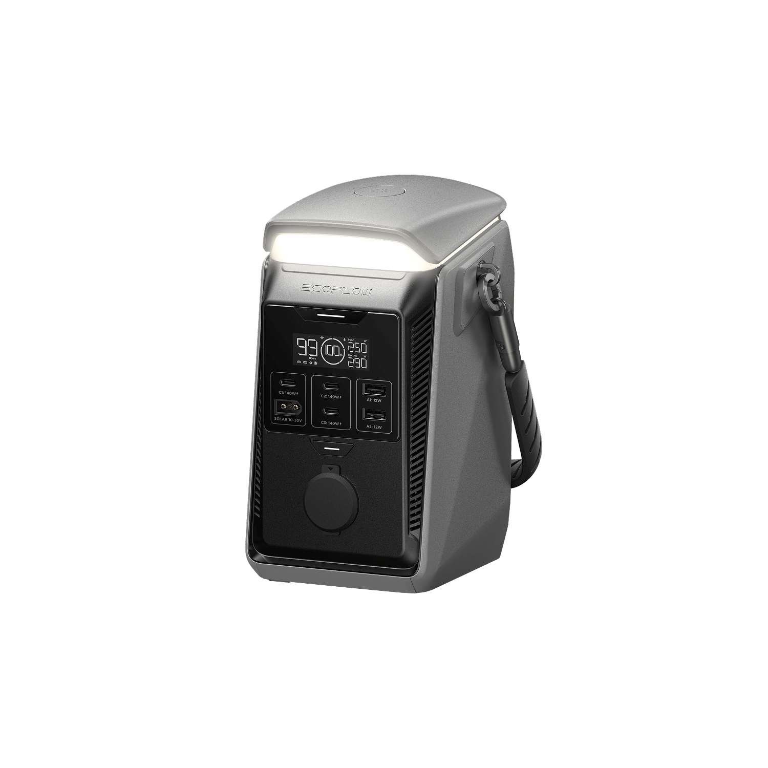 EcoFlow TRAIL Plus 300 DC, exact manufacturer 3D rendering showing the built-in light and three USB-C ports