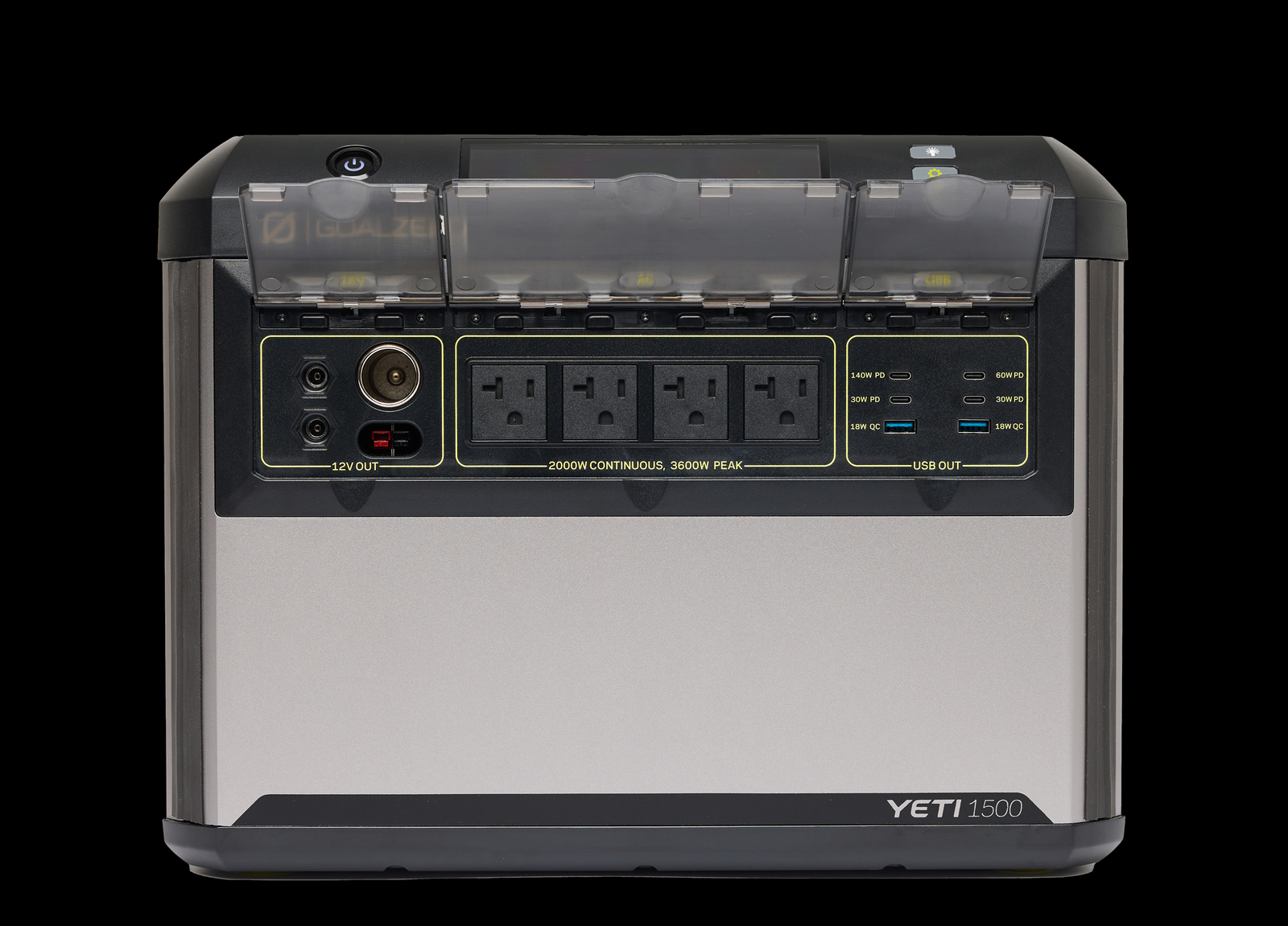 Goal Zero Yeti 1500 6th Generation portable power station manufacturer CGI showing the exact model label and AC, USB and 12 V ports