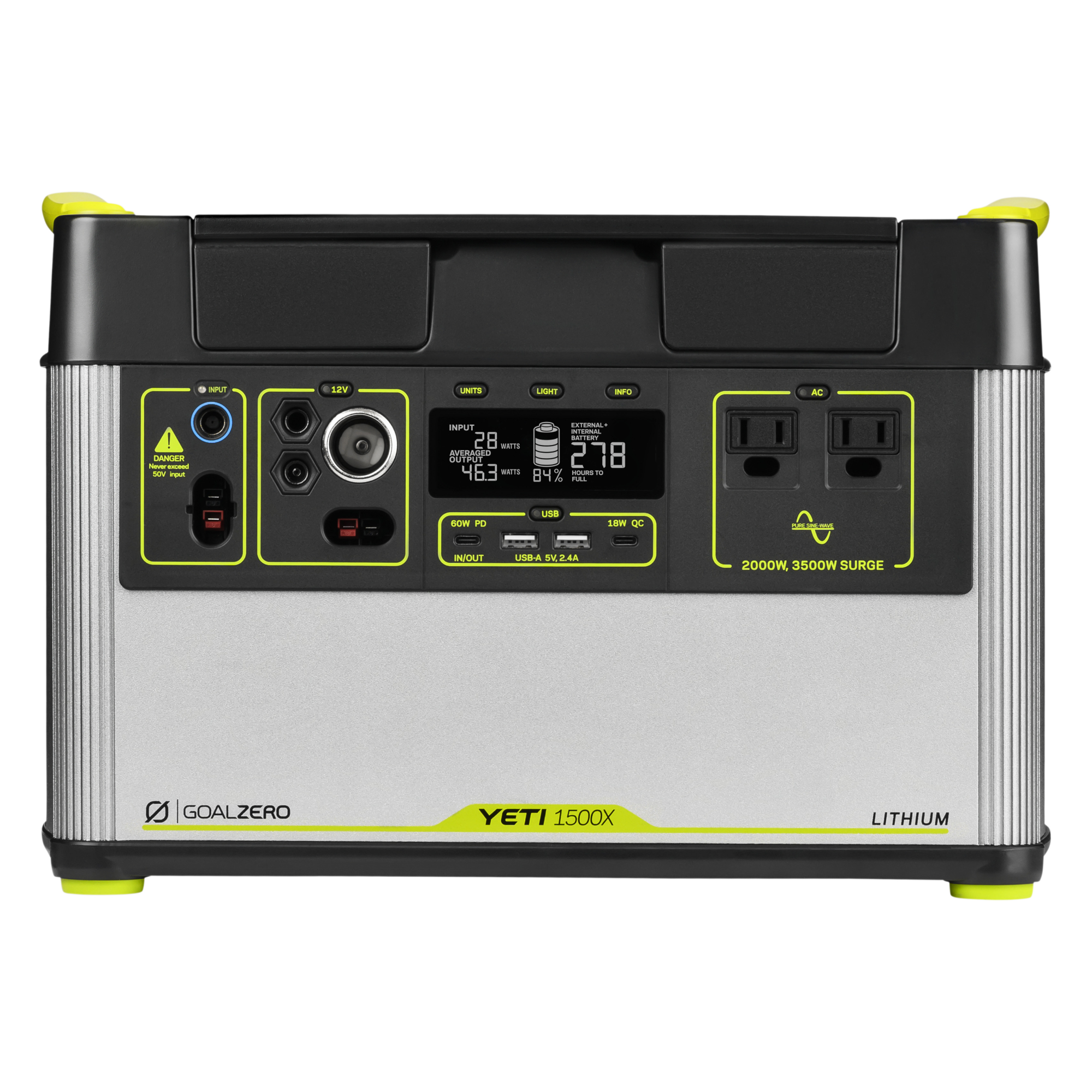 Goal Zero Yeti 1500X power station CGI shown on the exact open-box product page, with YETI 1500X label, two AC outlets and front port layout
