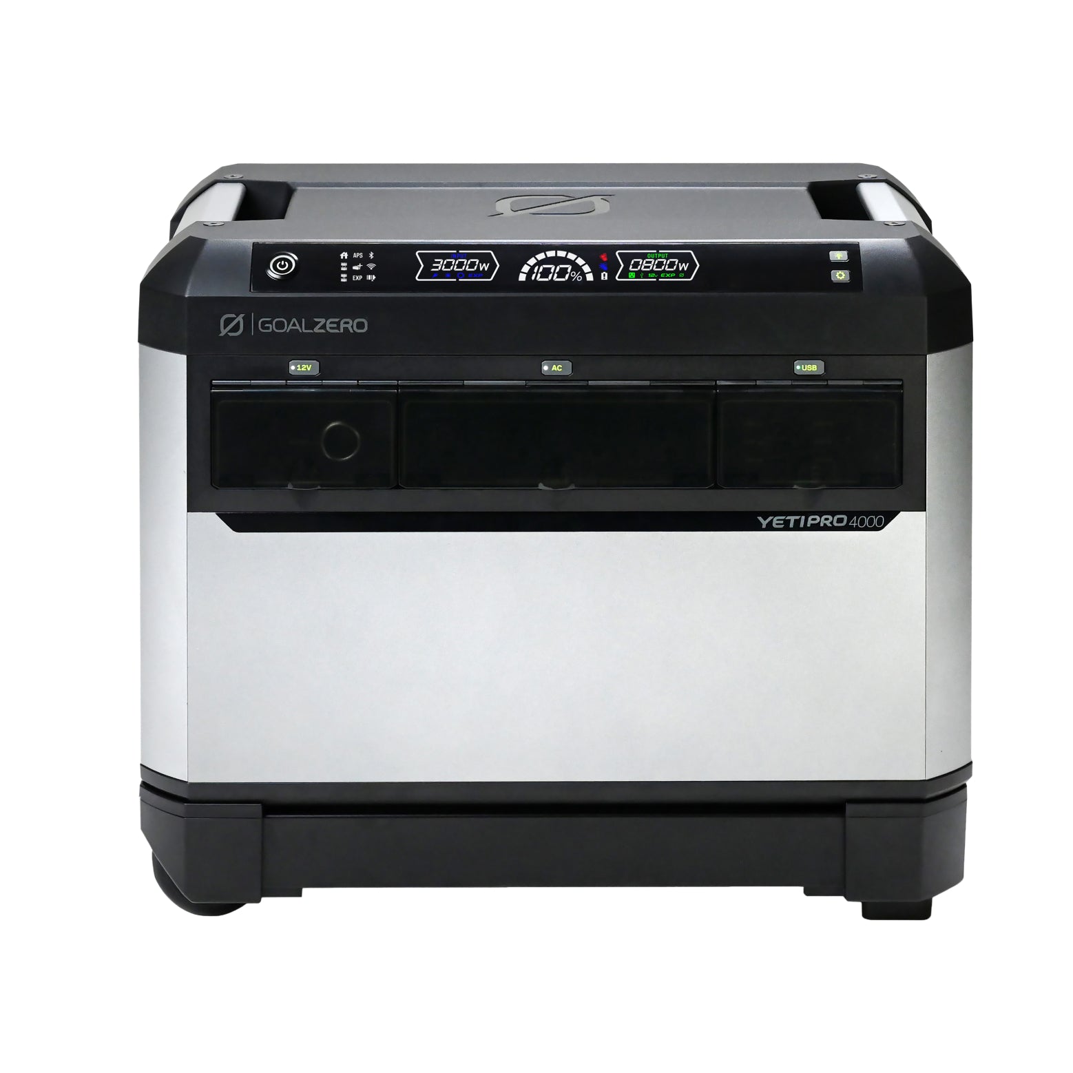 Goal Zero Yeti PRO 4000 manufacturer rendering, front label visible with display and covered 12 V, AC and USB port sections