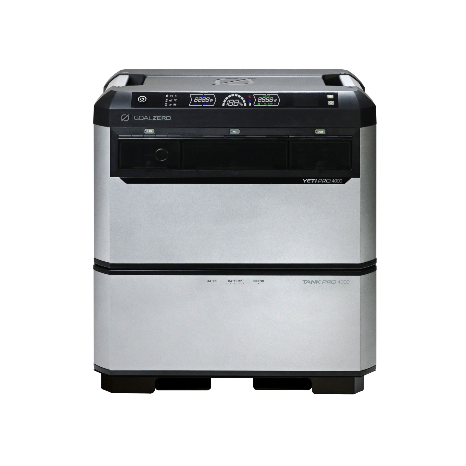 Goal Zero Yeti PRO 8000 package rendering showing the separately labeled Yeti PRO 4000 station and Tank PRO 4000 expansion battery