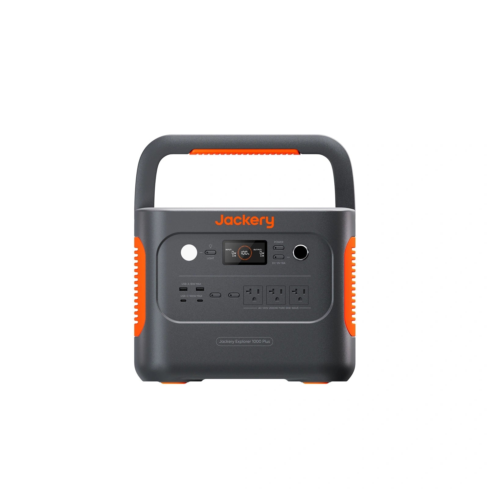 Jackery Explorer 1000 Plus JE-1000C station front with three AC outlets and labeled 120 V / 2000 W output, manufacturer CGI rendering