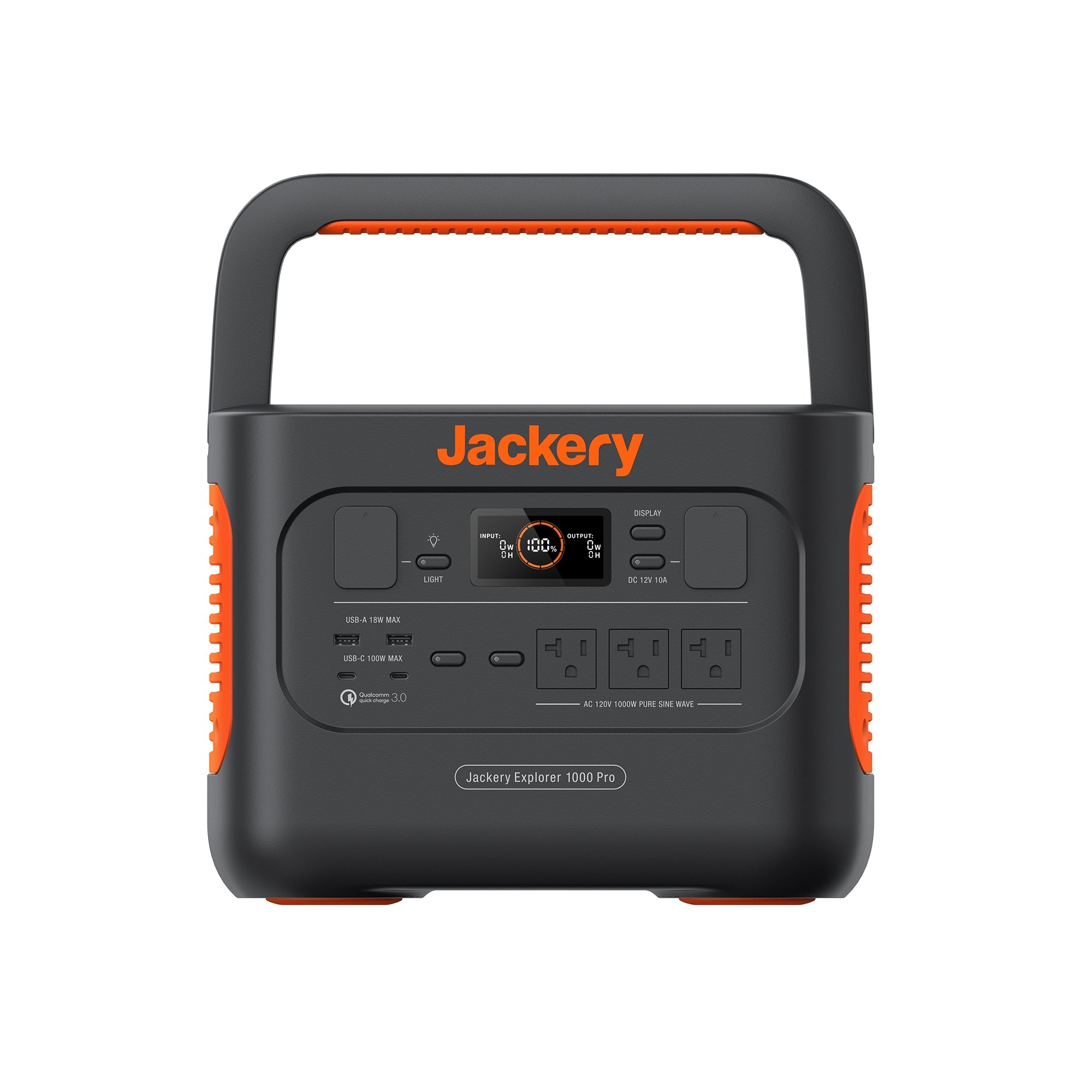 Jackery Explorer 1000 Pro JE-1000B station render showing three AC outlets, display, USB-A and USB-C ports, 12 V car socket and handle.