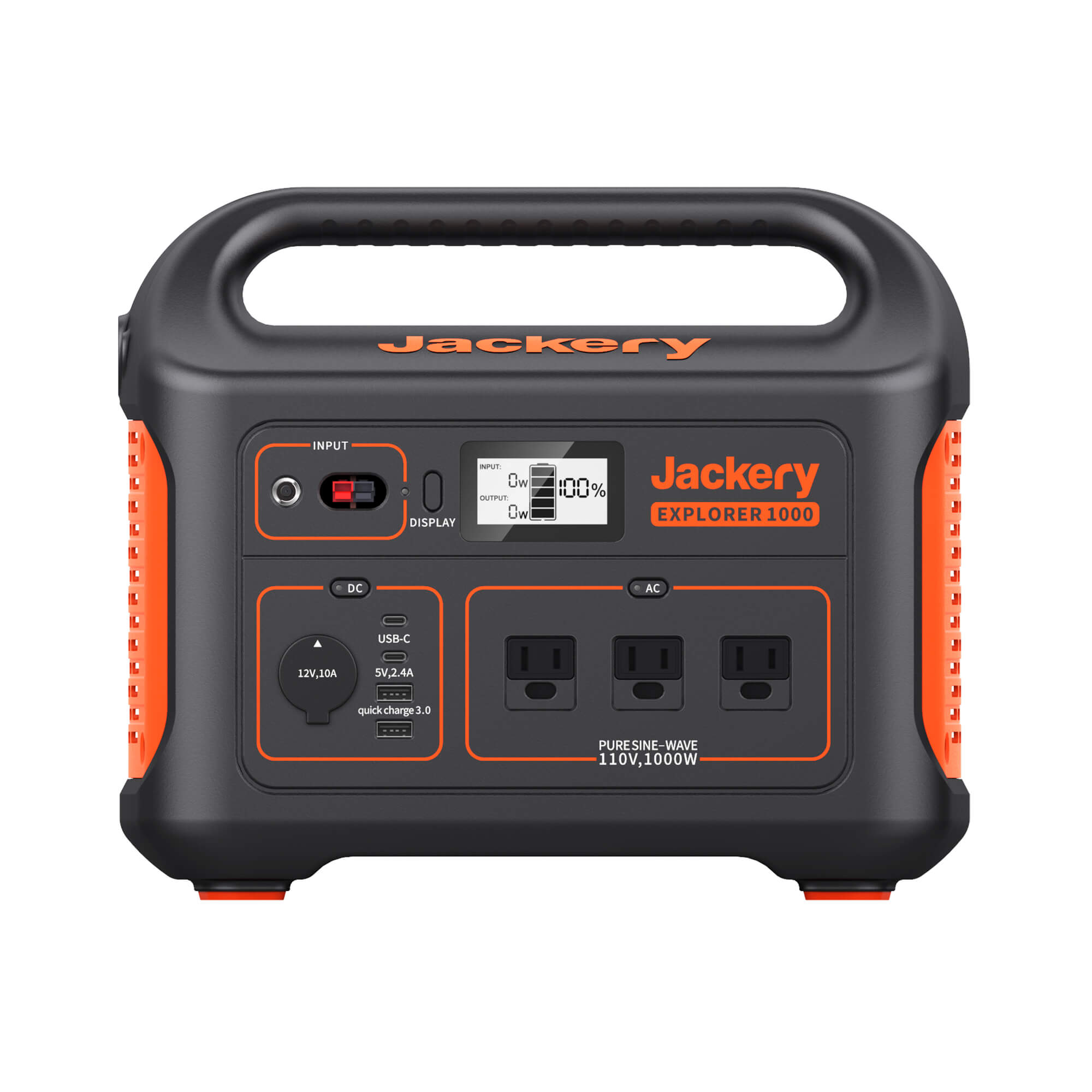 Jackery Explorer 1000 original 110 V power station, front view showing three AC receptacles, USB ports and 12 V outlet; manufacturer rendering