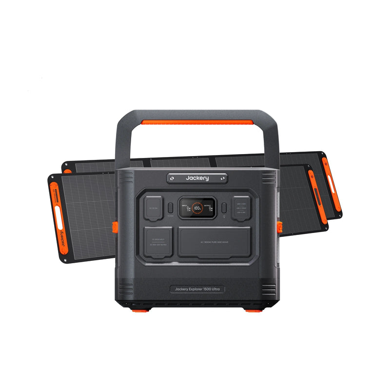 Jackery Explorer 1500 Ultra JE-1500C with two SolarSaga 200W folding solar panels shown behind the station.