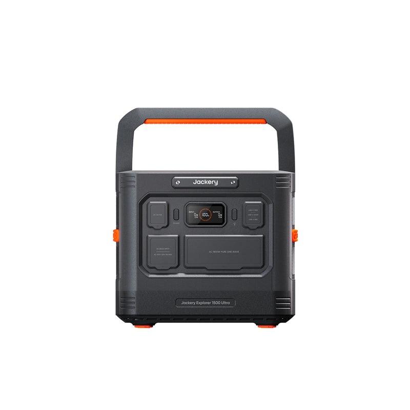 Front view of Jackery Explorer 1500 Ultra JE-1500C portable power station, with protective port lids, display, handle and gray-and-orange casing.