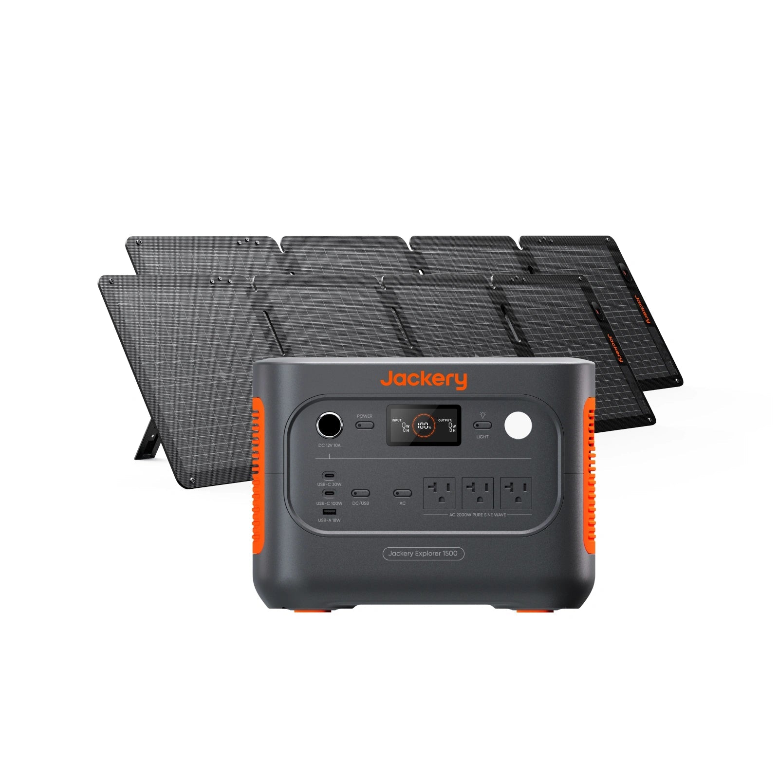 Jackery Explorer 1500 v2 JE-1500D shown in front of two fold-out SolarSaga 100W Air panels.