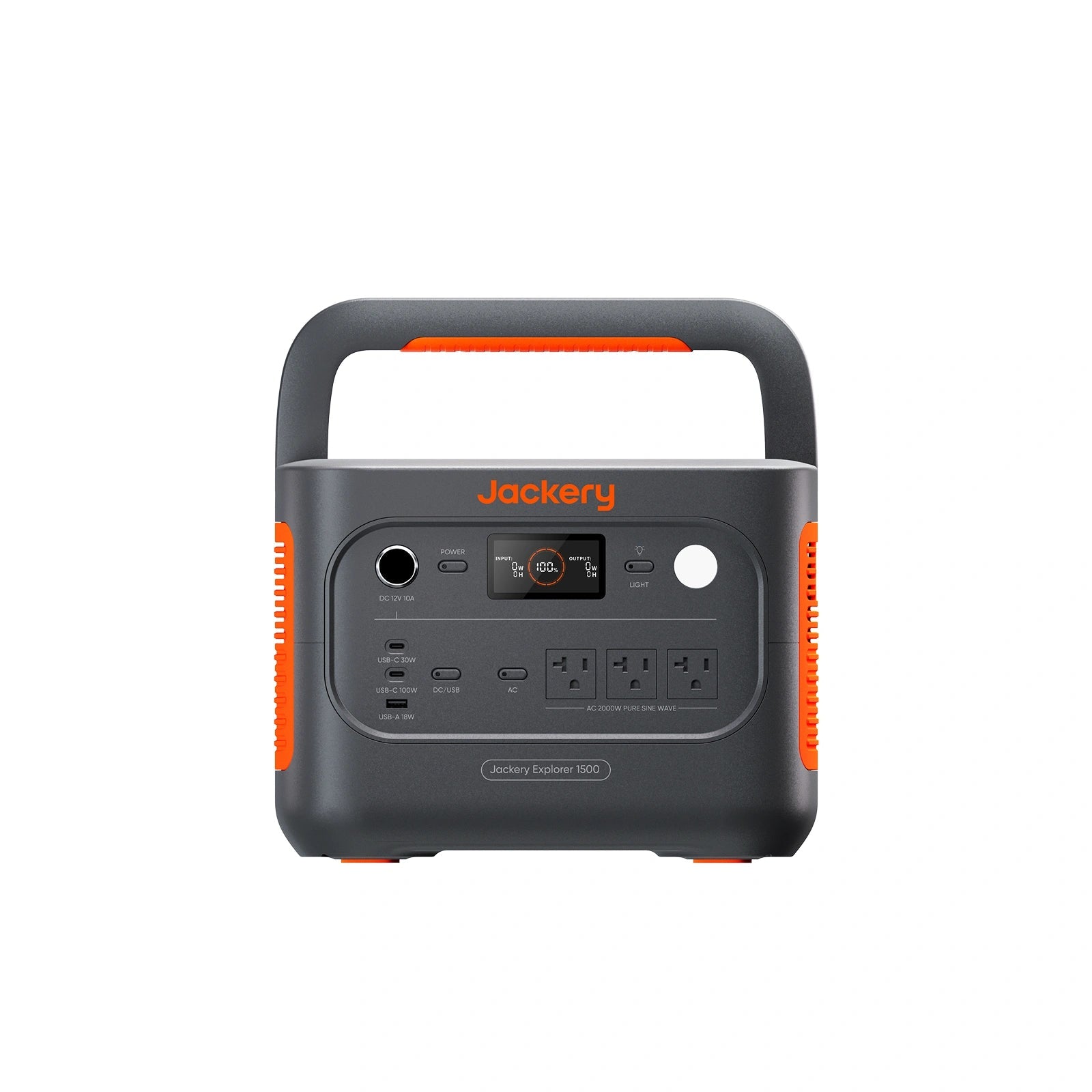 Jackery Explorer 1500 v2 JE-1500D front rendering showing its three AC outlets, USB ports, 12 V port, display and light.