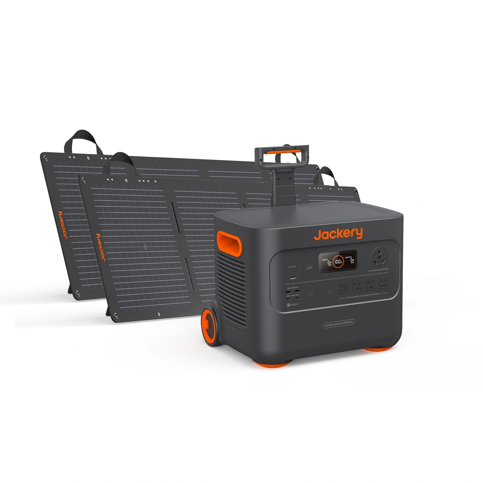 Jackery JE-2000C station with two SolarSaga 100 W Mini JS-100D panels, exact new offer rendering