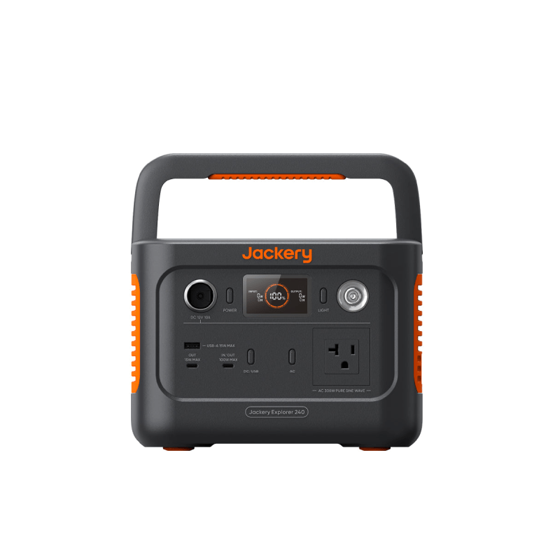 Jackery Explorer 240 v2 JE-240A front rendering with integrated handle, display, light and port panel.