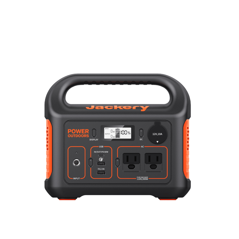 Jackery Explorer 290 Plus portable power station rendering with two 110 V AC outlets, USB ports, 12 V car socket and display.