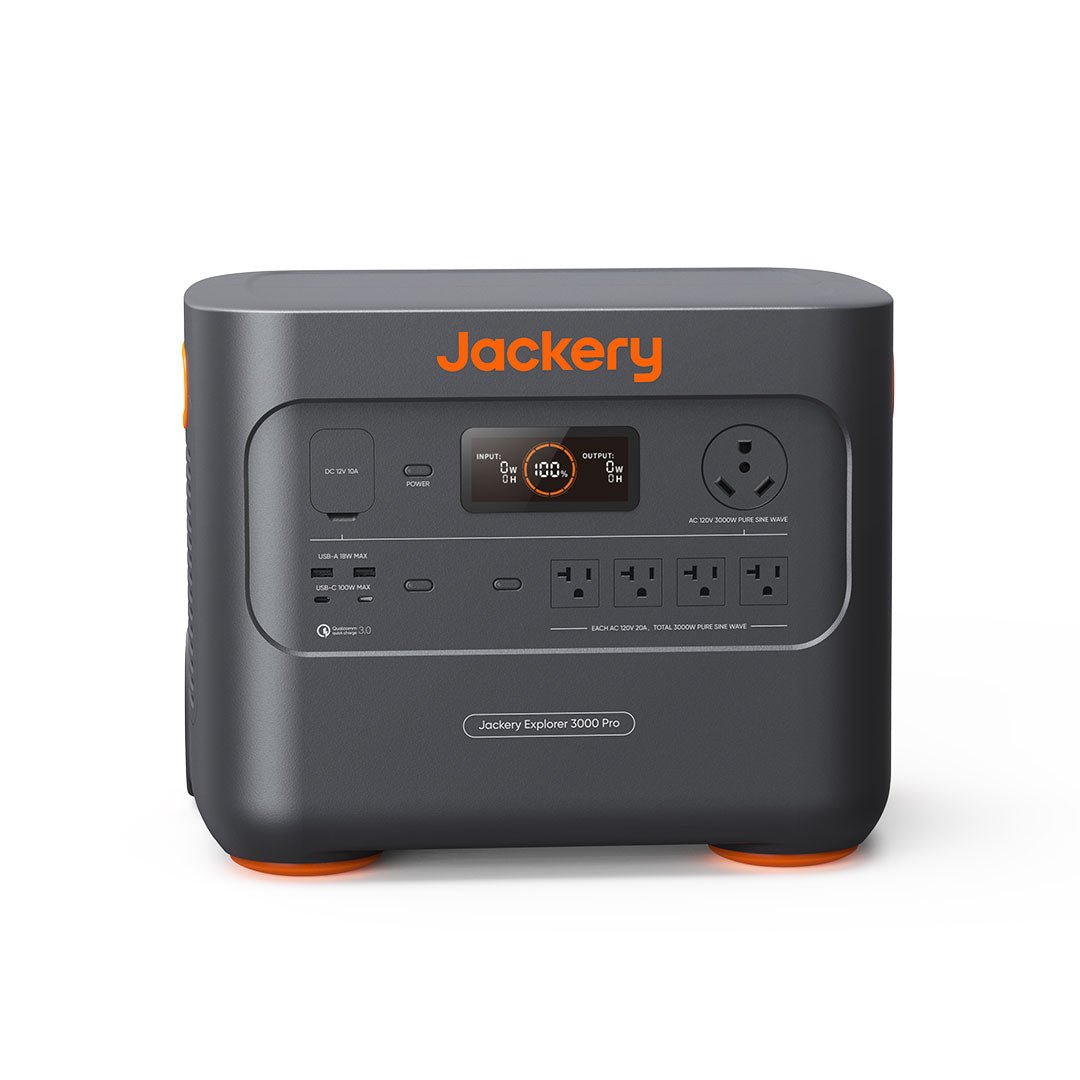 Jackery Explorer 3000 Pro JE-3000A station rendering showing the front display, five AC receptacles, USB ports, 12 V car outlet and controls.