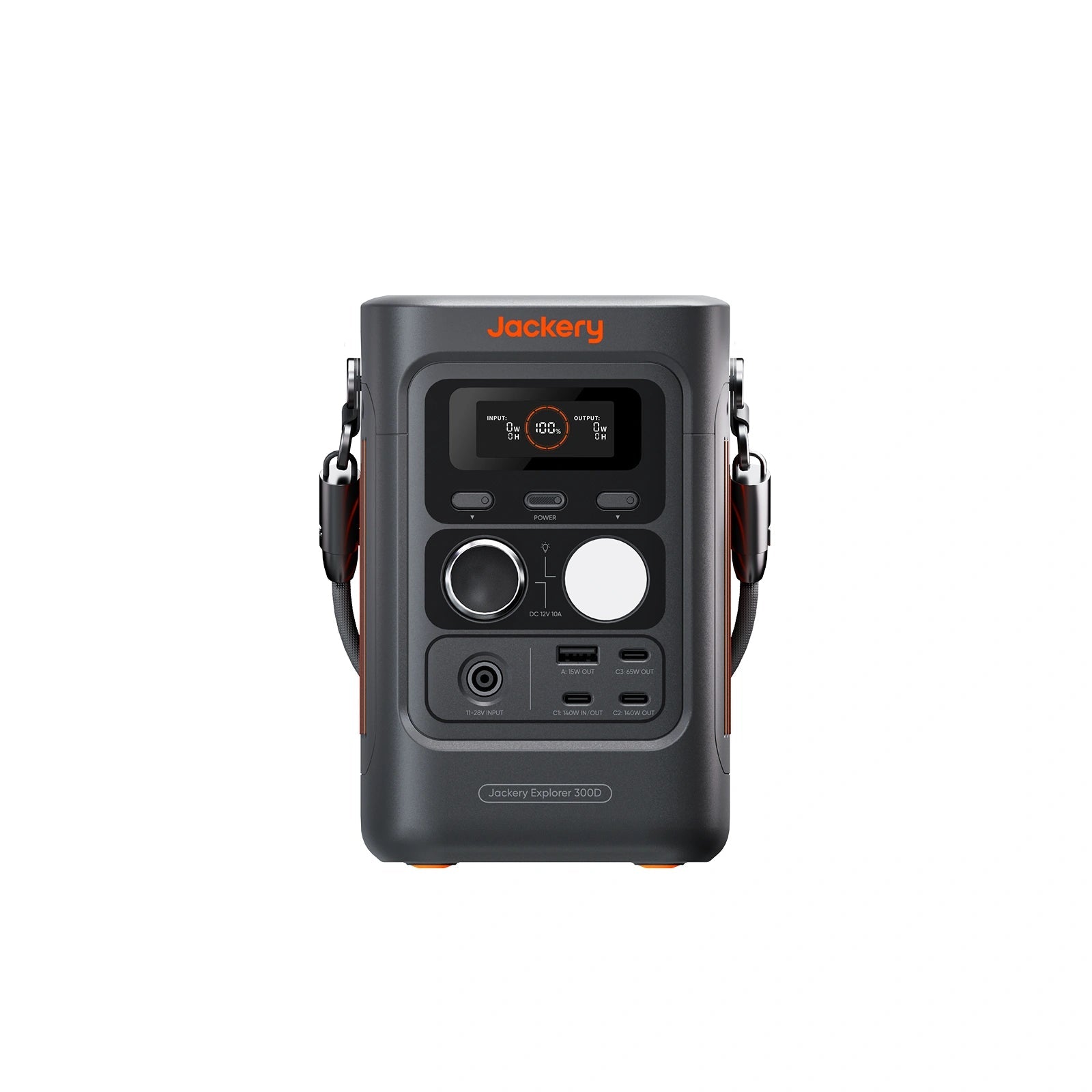 Jackery Explorer 300D JE-300D direct-current portable power station, front view showing its USB-C/USB-A ports, 12 V outlet and display; manufacturer rendering