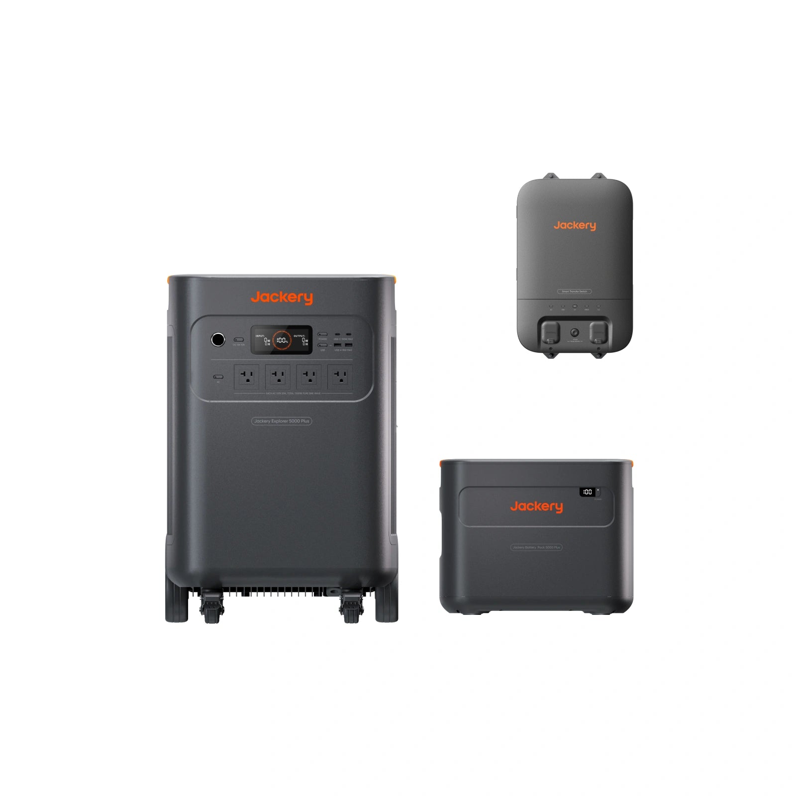 Jackery Explorer 5000 Plus 10 kWh with Smart Transfer Switch official product rendering; exact components are specified by the selected SKU.