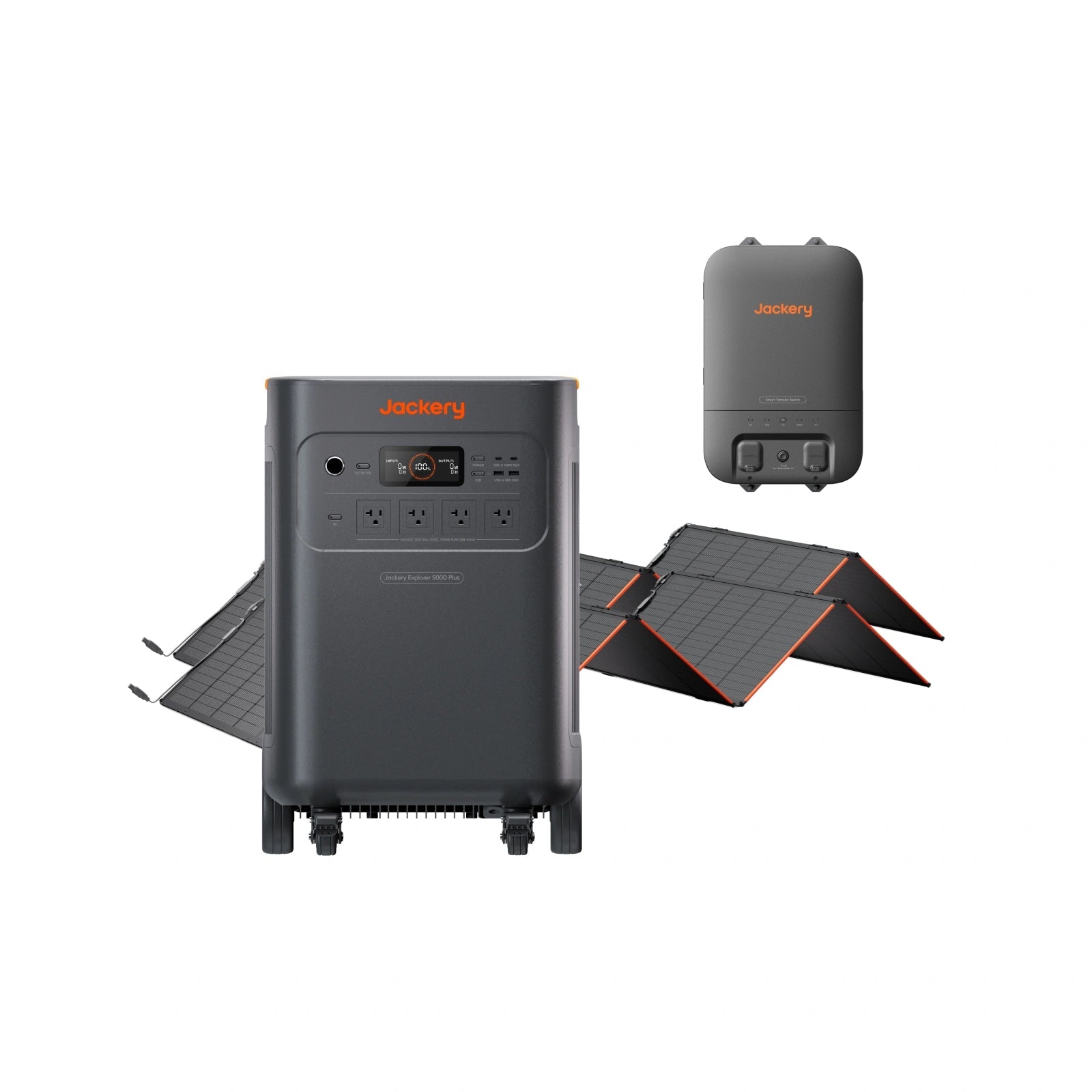 Jackery Explorer 5000 Plus, two SolarSaga 500 X panels, and Smart Transfer Switch official product rendering; exact components are specified by the selected SKU.