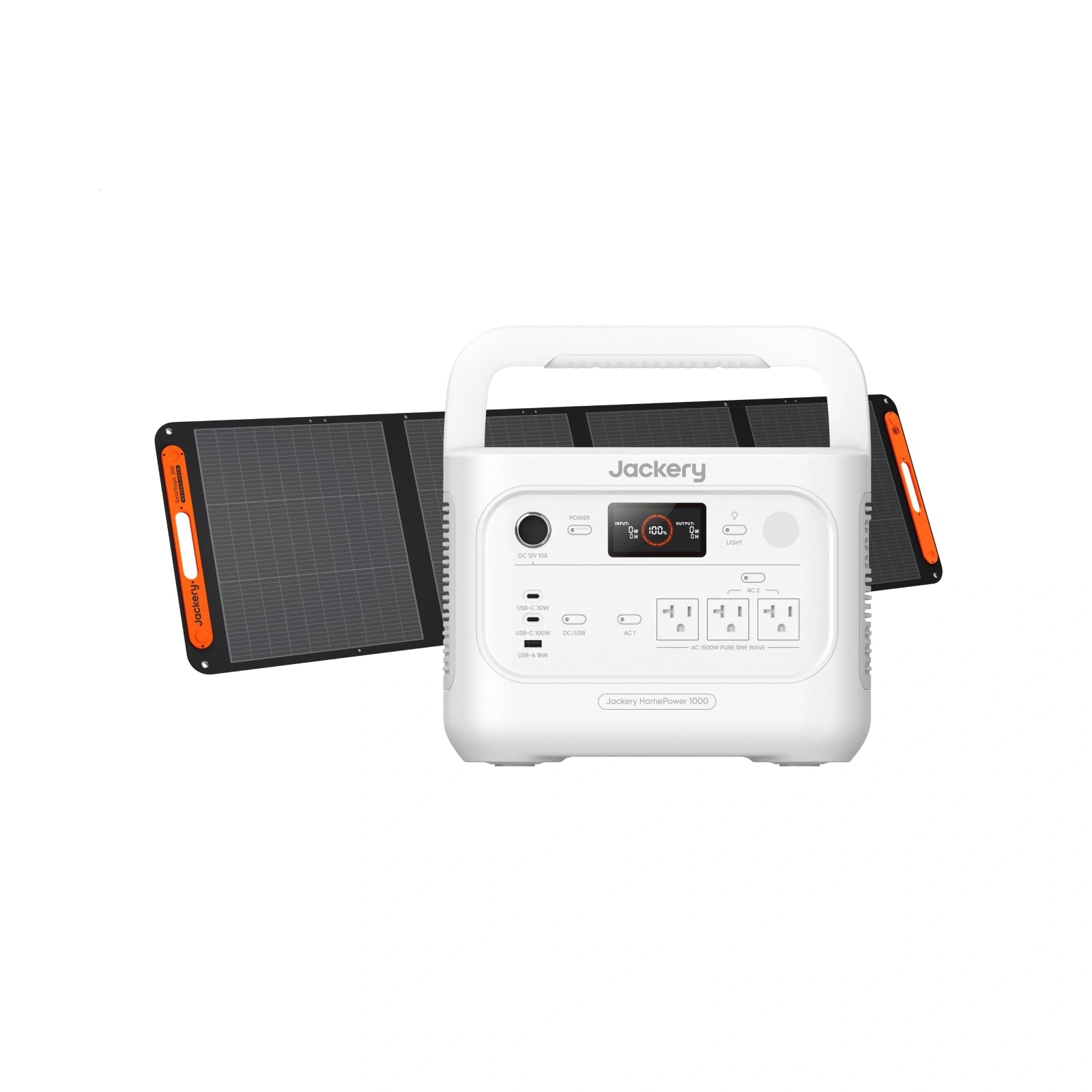 White Jackery HomePower 1000 v2 shown with one folded-open SolarSaga 200W panel in a manufacturer rendering