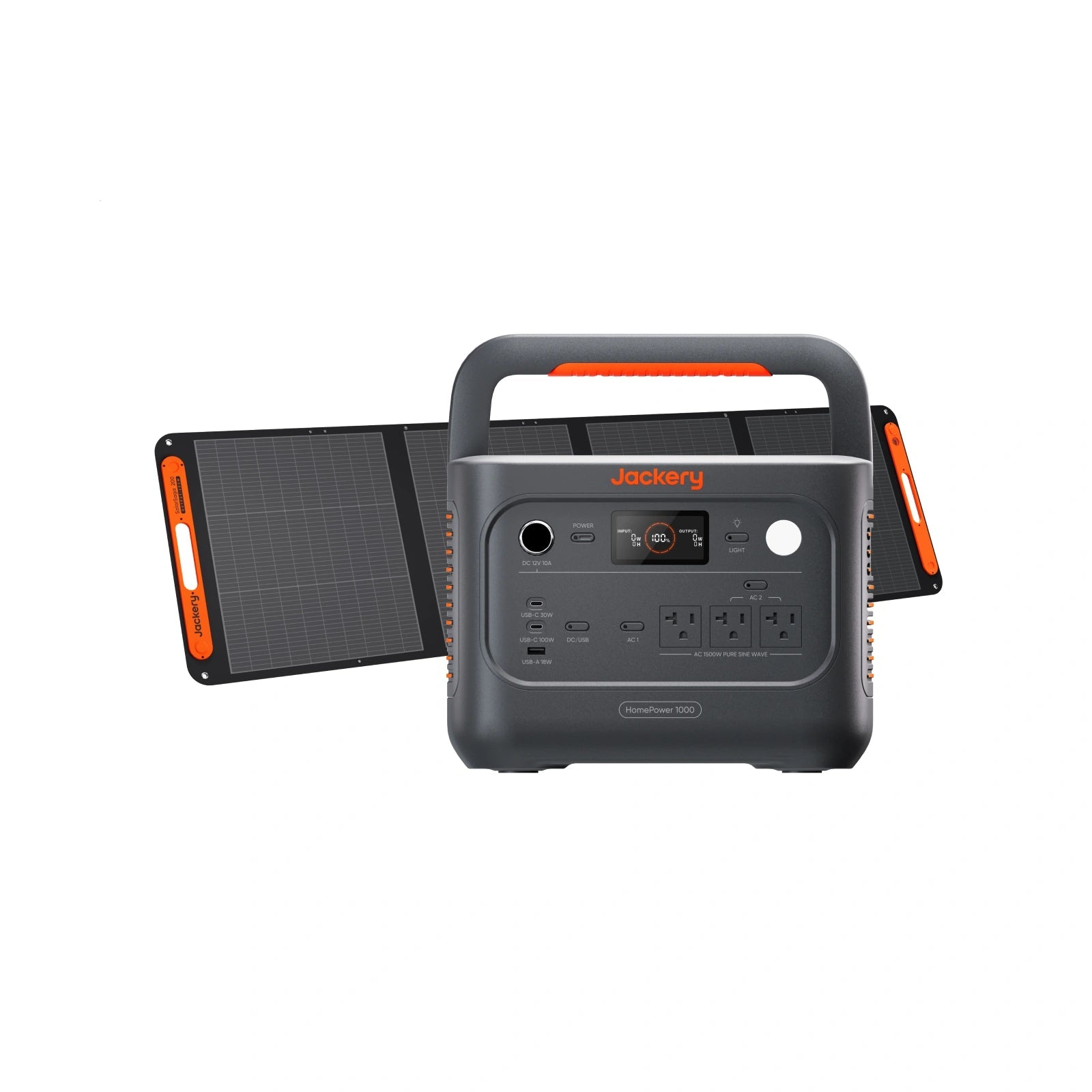 Black Jackery HomePower 1000 v2 shown with one folded-open SolarSaga 200W panel in a manufacturer rendering
