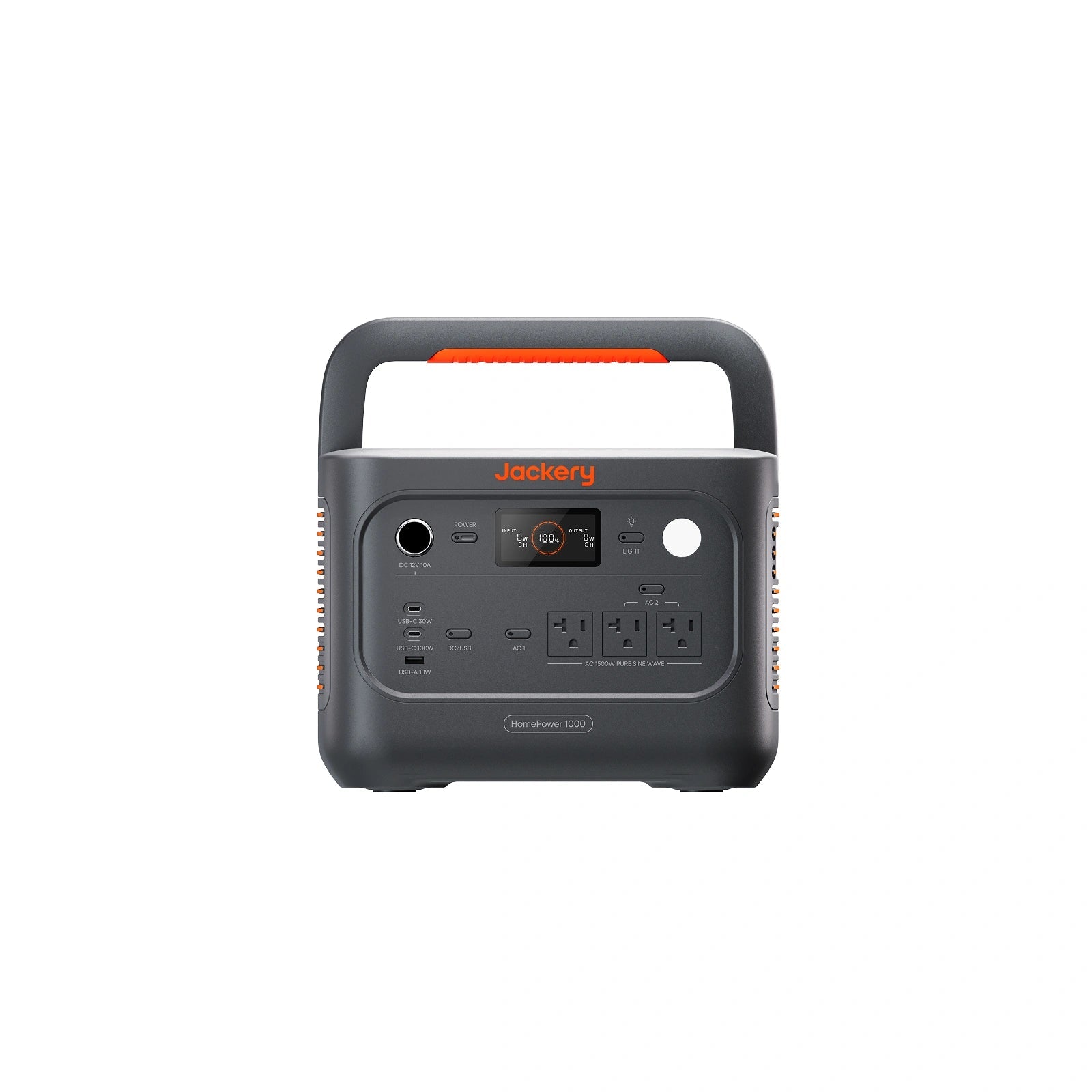 Jackery HomePower 1000 v2 JHP-1000A black portable power station front, handle, display and three AC outlets, manufacturer CGI rendering