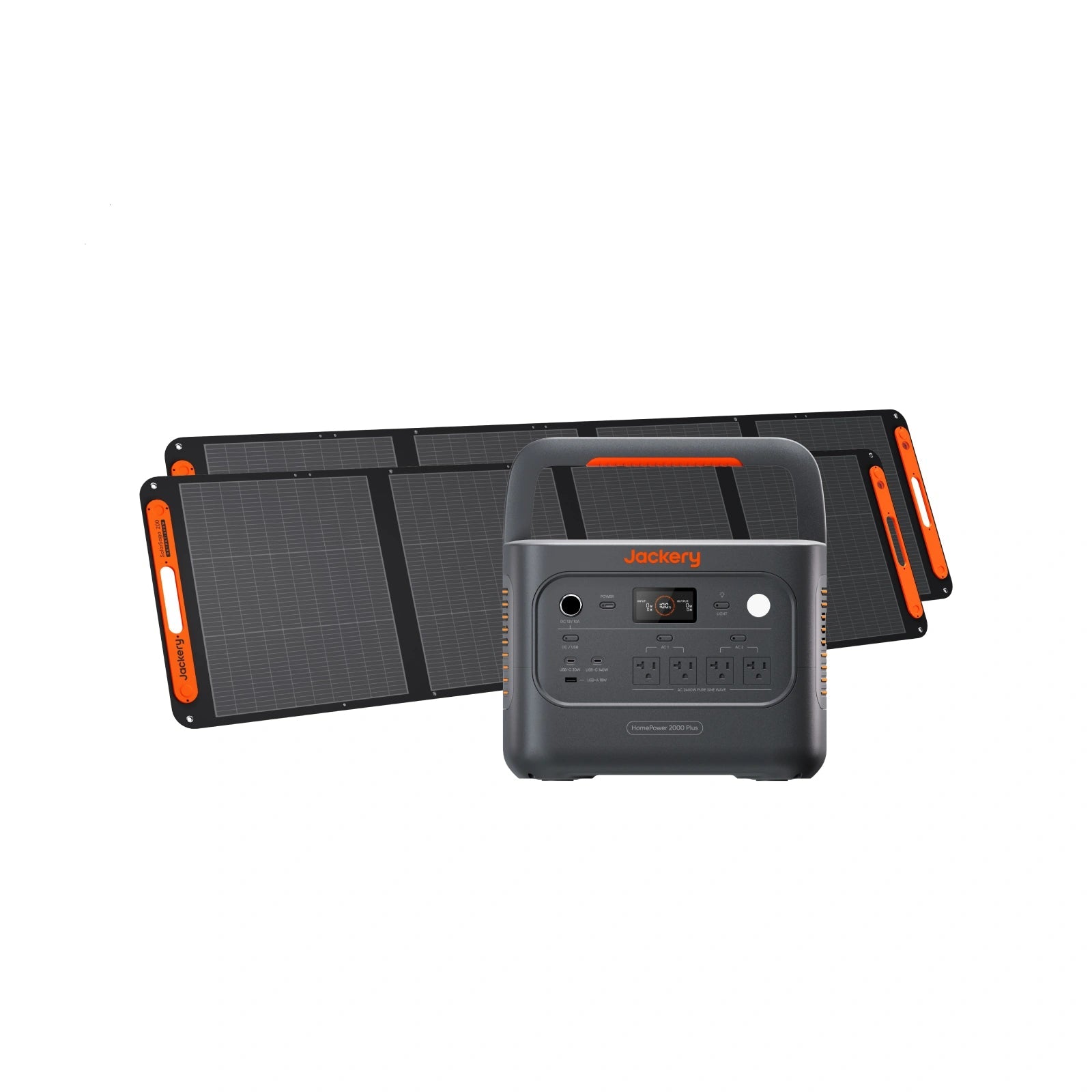 Jackery HomePower 2000 Plus v2 station shown with SolarSaga 200W in a manufacturer rendering