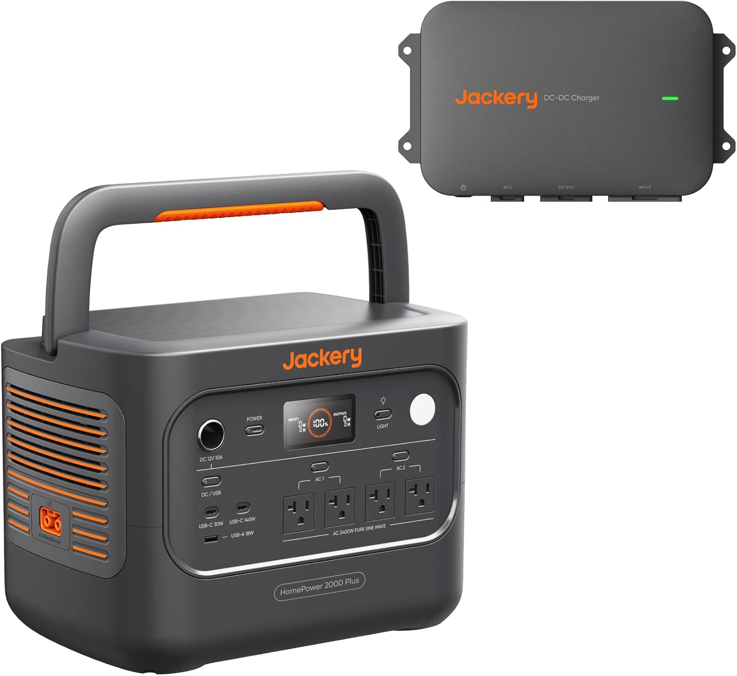 Jackery HomePower 2000 Plus v2 station and separate DC-DC Charger shown in the exact selected-option manufacturer rendering