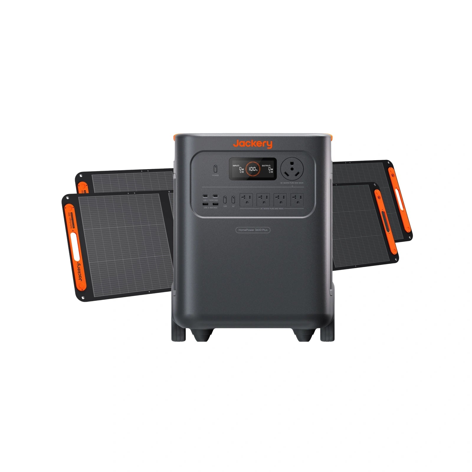 Jackery HomePower 3600 Plus station with two SolarSaga 200 panels, selected-option manufacturer rendering