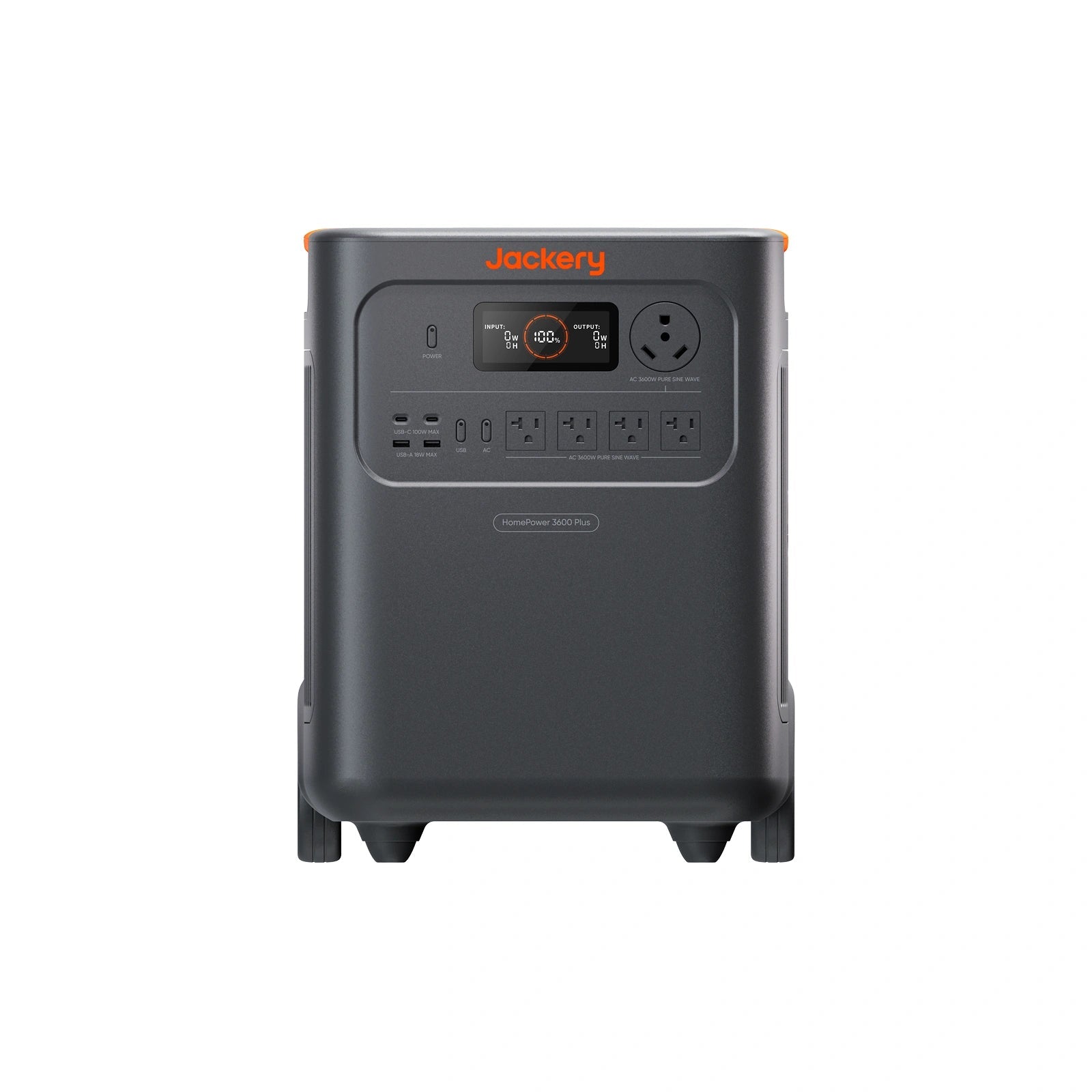Jackery HomePower 3600 Plus JHP-3600A station, front view showing display, AC, USB and DC outlets, manufacturer rendering