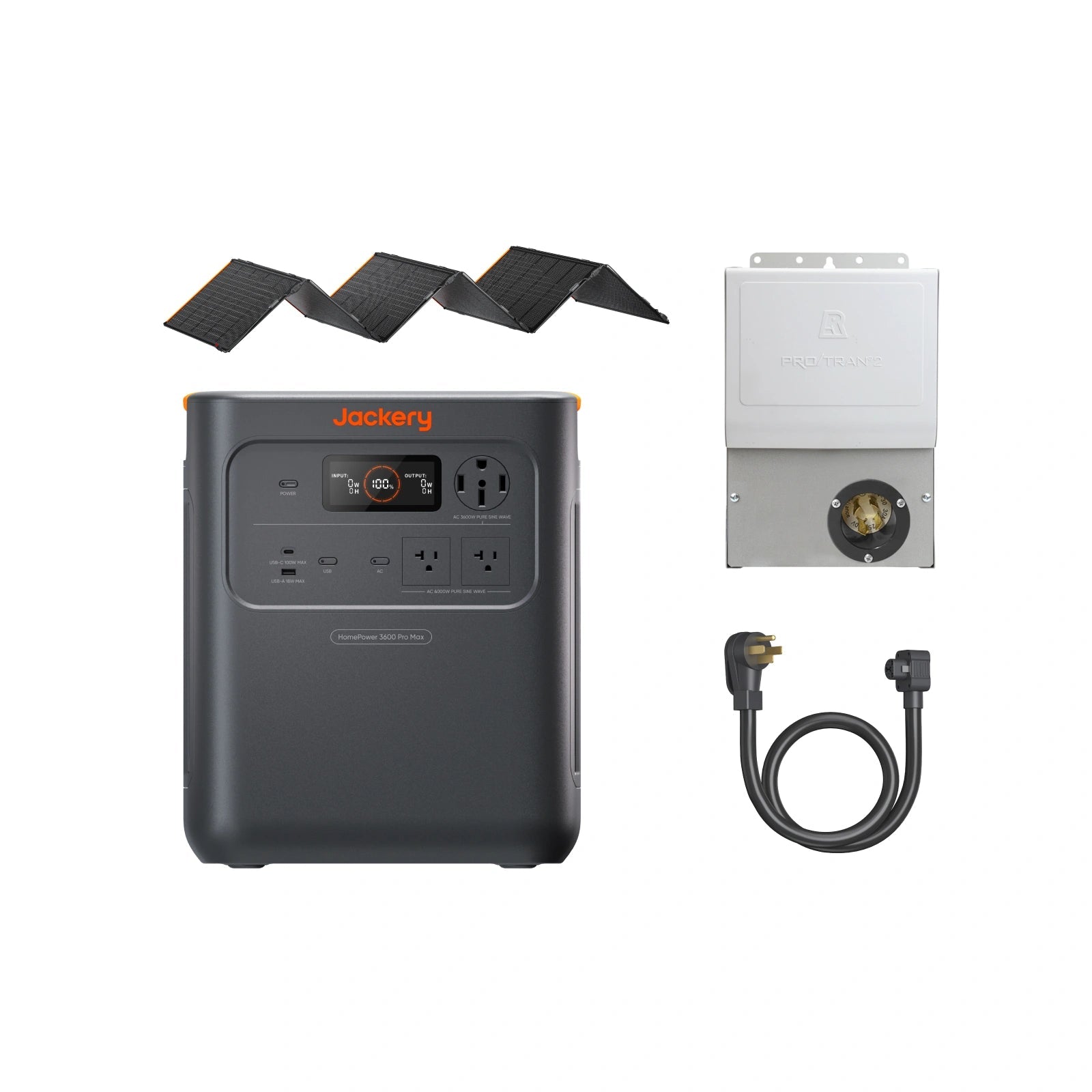 Manufacturer composite showing the HomePower 3600 Pro Max with a SolarSaga 500 X panel, manual transfer switch and cable; package illustration is not a wiring or included-parts audit.