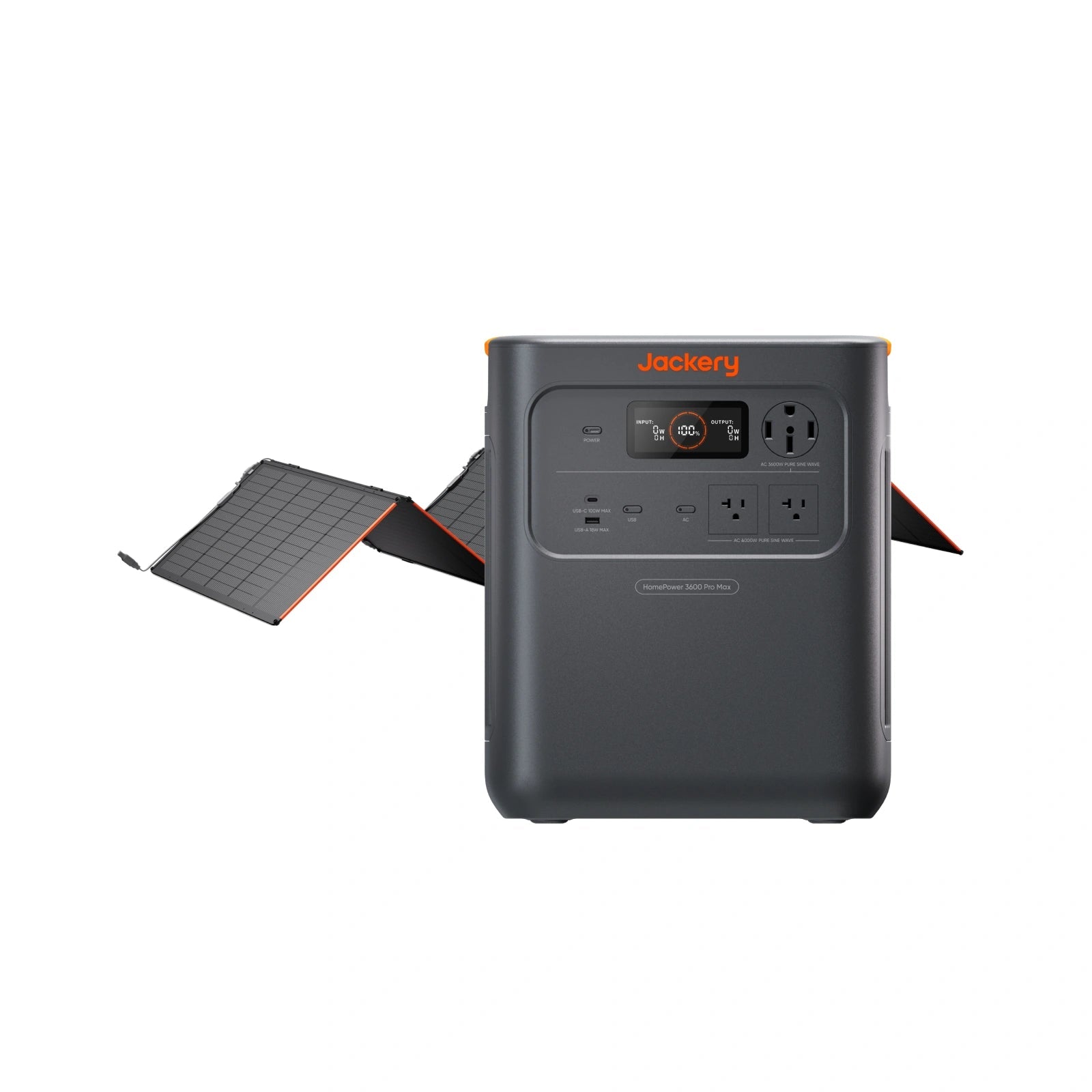 Manufacturer composite showing one HomePower 3600 Pro Max and one folded SolarSaga 500 X panel; it does not show a tested array or establish all cables in the box.