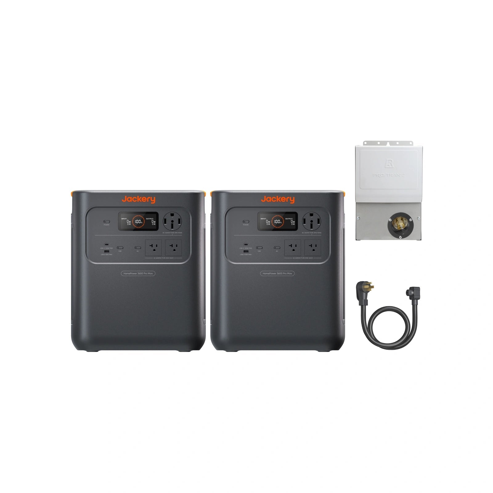 Manufacturer composite depicting two HomePower 3600 Pro Max stations with transfer equipment and cables; parallel operation requires the manual’s specified communication and AC cable connection sequence.