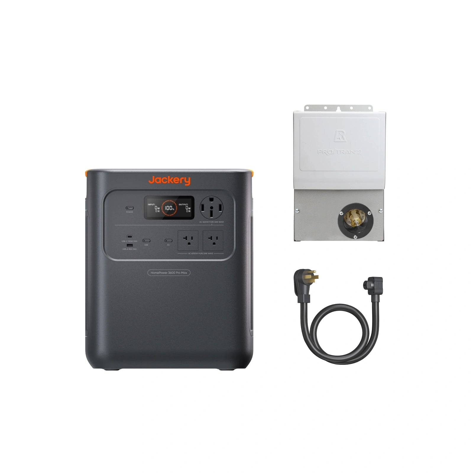 Manufacturer composite showing one HomePower 3600 Pro Max, a Pro/Tran transfer switch and 40A charging lead; the image does not specify MTS circuit count or substitute for an installation plan.
