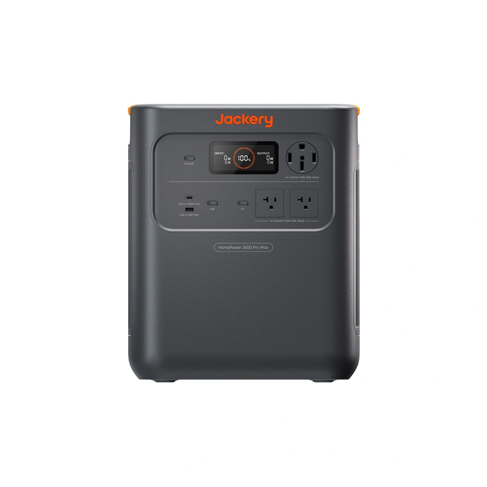 Exact single-station manufacturer CGI of the front panel, showing the HomePower 3600 Pro Max label, one NEMA 14-50R, two NEMA 5-20R outlets, display and one USB-C/USB-A pair.