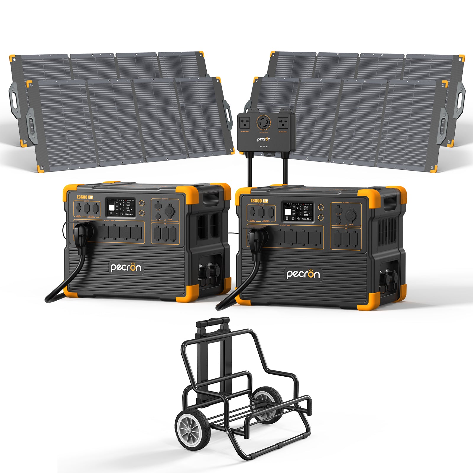 PECRON manufacturer product render of Two stations and Connect Box with four PV300-named panels and one trolley.
