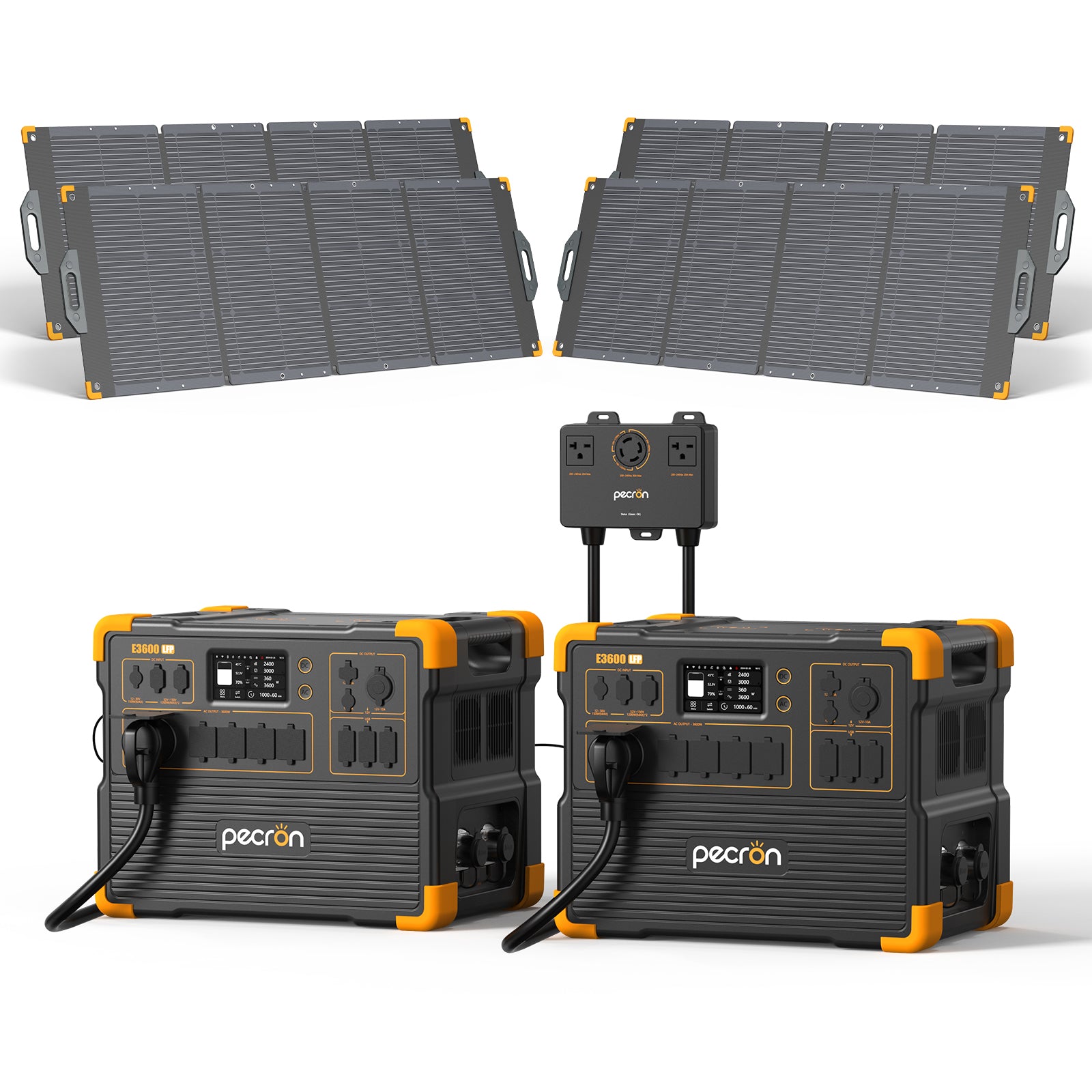 PECRON manufacturer product render of Two stations and Connect Box with four PV300-named panels; no trolley.
