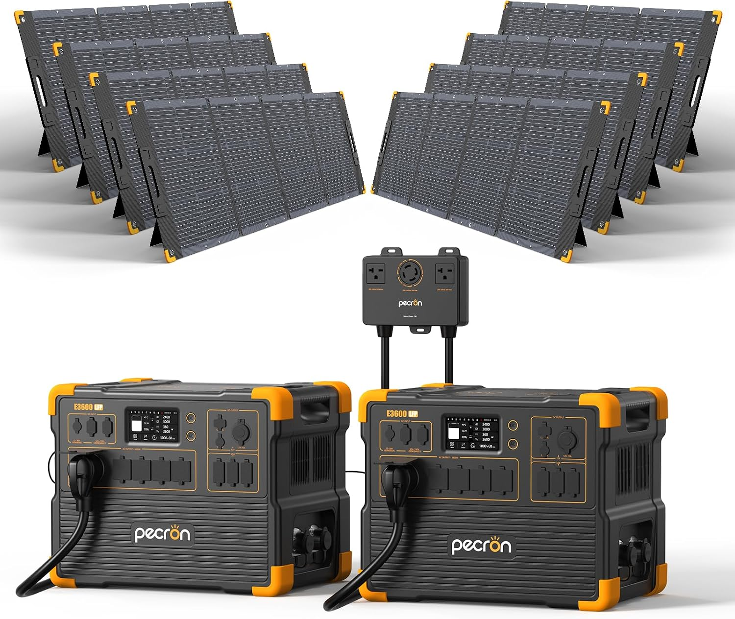 PECRON’s illustration shows two E3600LFP stations, the Connect Box and eight PV300-named panels; it is a CGI render, not a performance test. The selected option is without trolley. Panel wiring for this paired system is not established by the image or SKU.