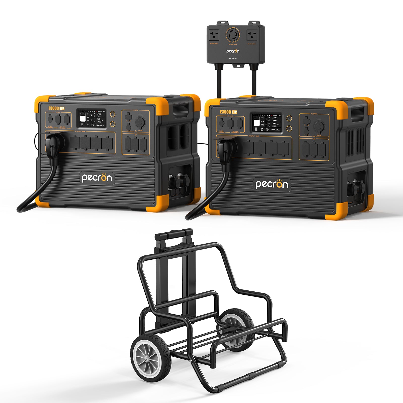 PECRON manufacturer product render of Two stations, the 240V Connect Box and one trolley; no panels.