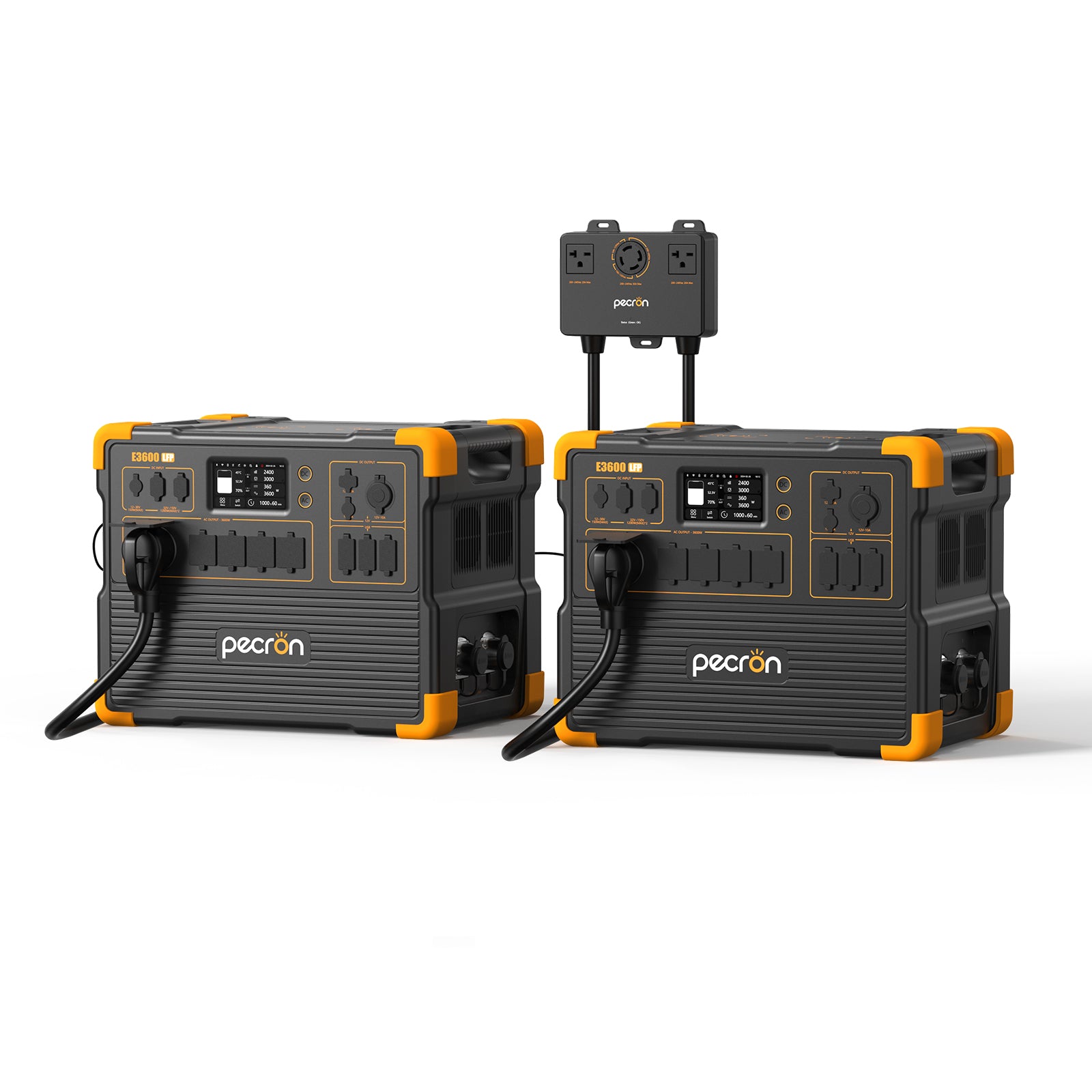 PECRON manufacturer product render of No panels or trolley; two E3600LFP stations and the 240V Connect Box.