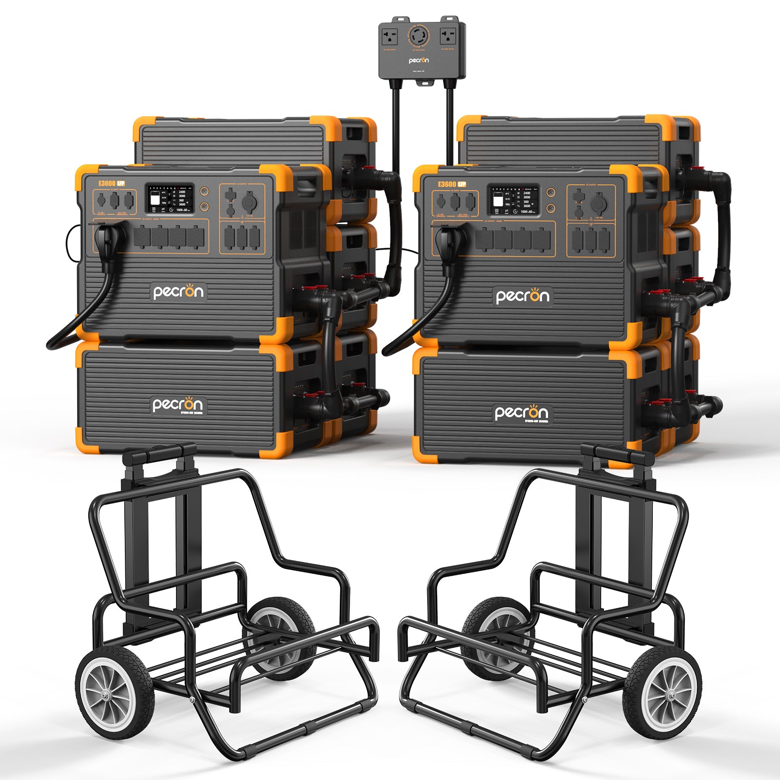 Two Pecron E3600LFP stations with eight EP3800-48V-labelled packs, a named 240 V box and two carts; official selected-option rendering.