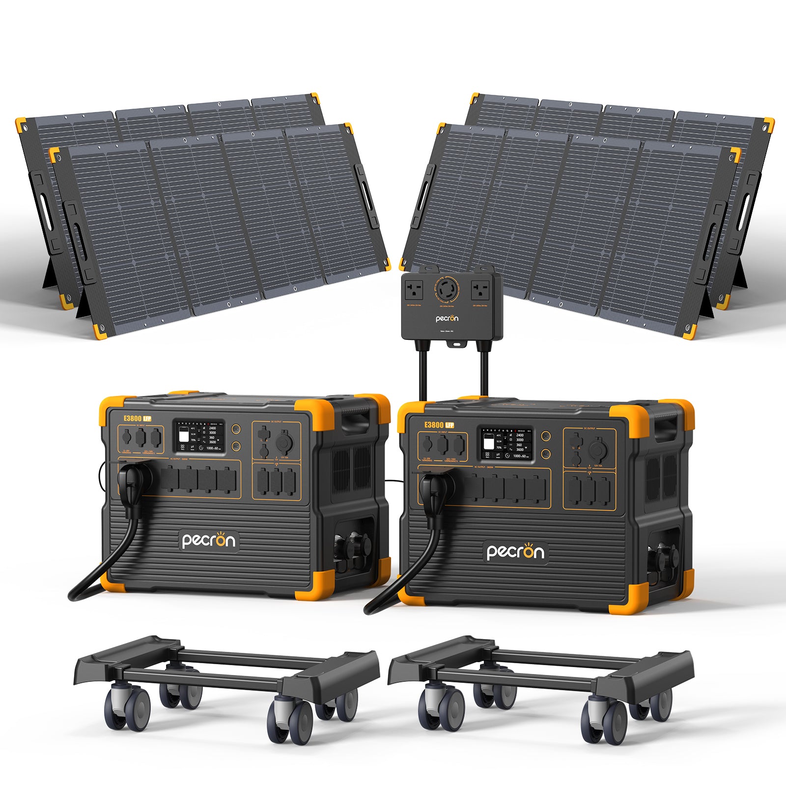 PECRON exact selected-option CGI of two E3800LFP stations, the 240V Connect Box, cart bases, and fold-out solar arrays; the selected SKU lists four PV300 panels.