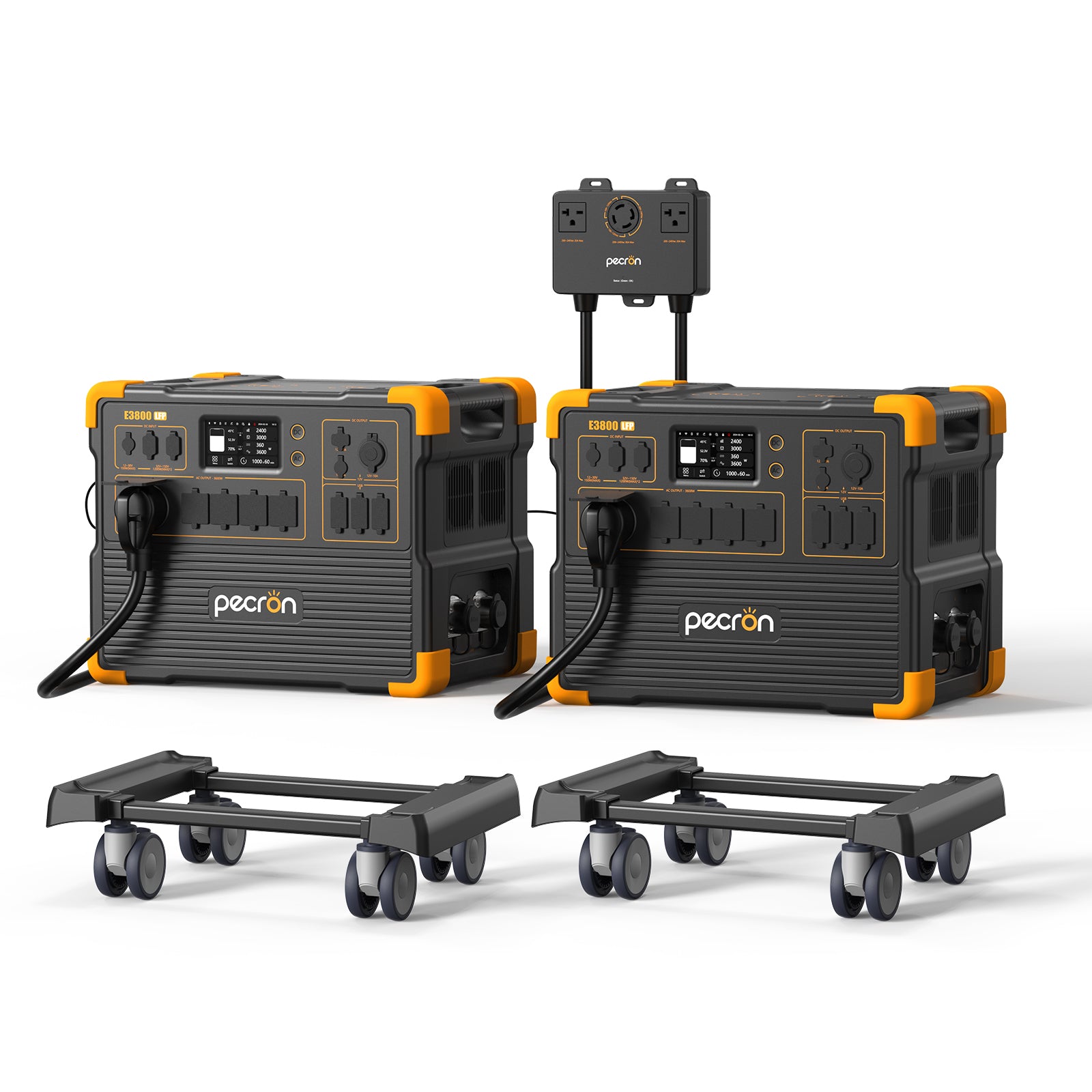 Two Pecron E3800LFP stations with a named 240 V box and two carts; official selected-option rendering.